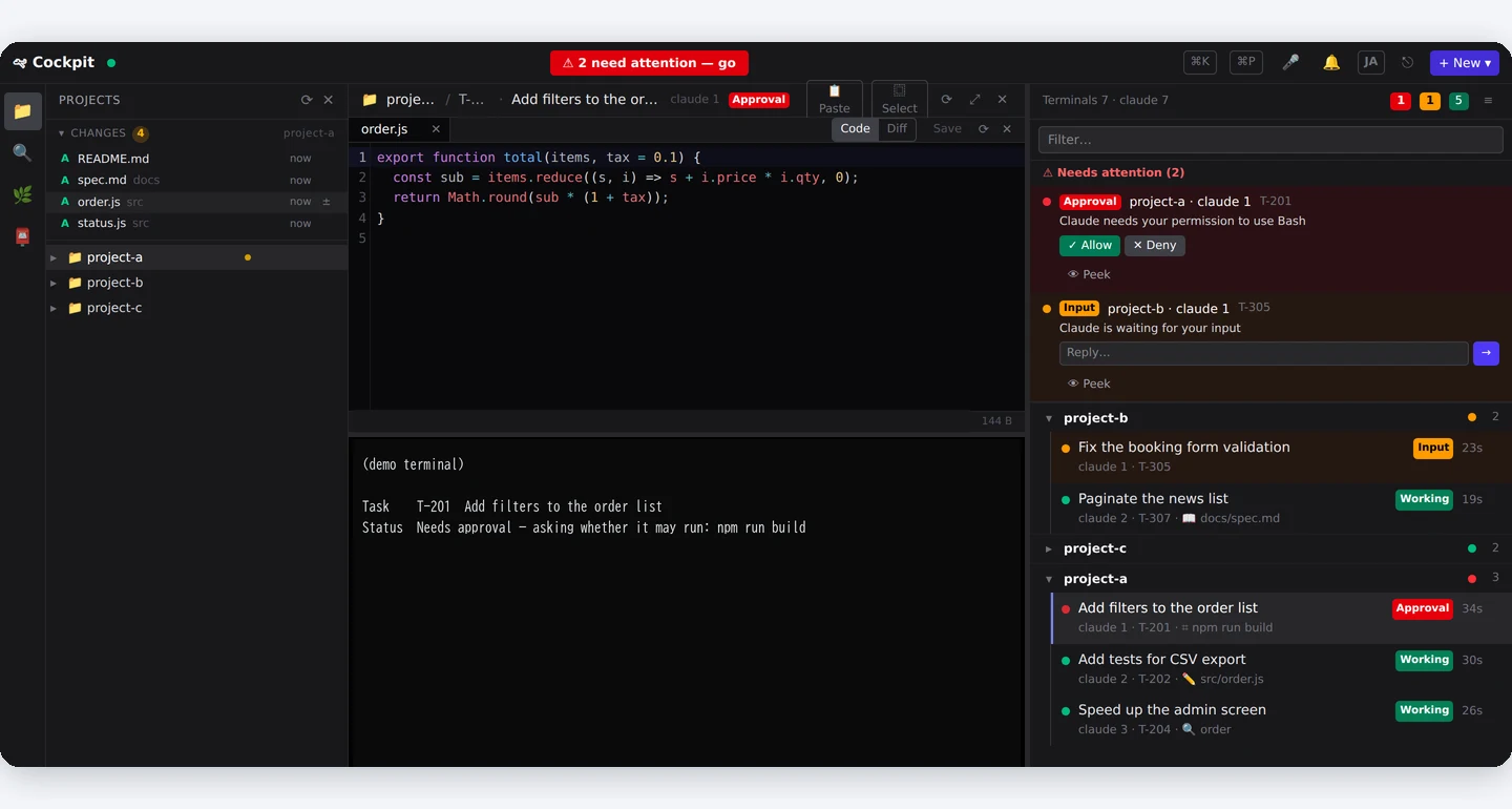 cockpit on a computer. Files on the left, code and the terminal in the middle, the list of AI agents on the right. Under "Needs attention" at the top right: project A waiting for approval (with Allow and Deny buttons) and project B waiting for input.