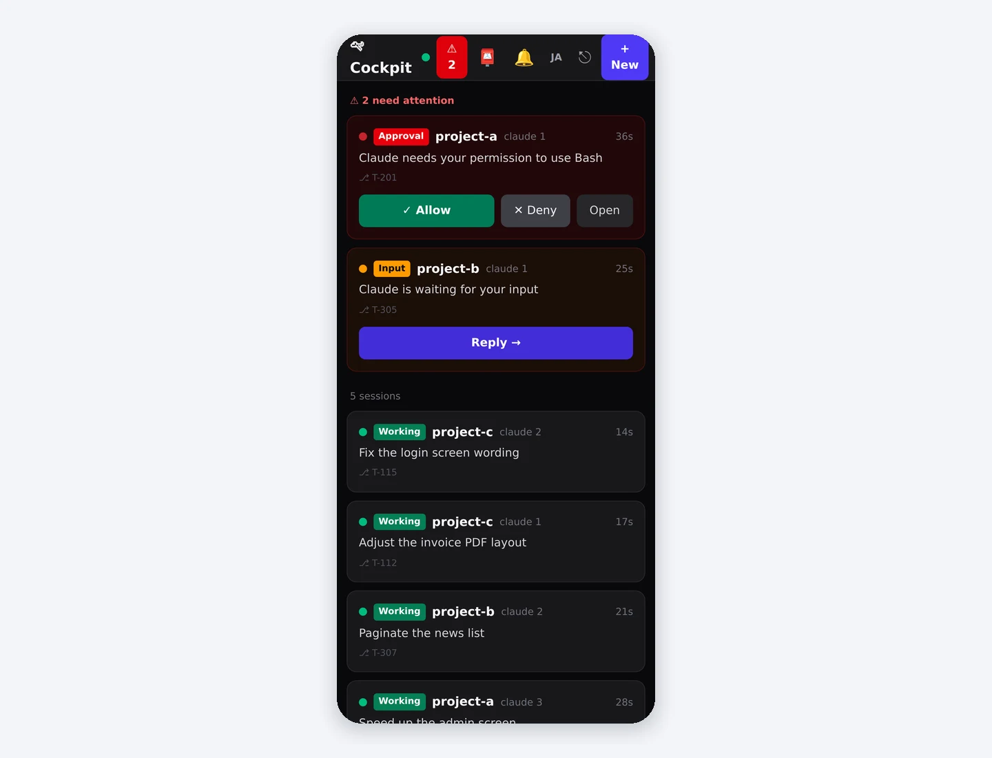 cockpit on a phone. Under "2 need attention": project A waiting for approval (Allow, Deny, Open) and project B waiting for input (Reply), followed by the agents at work.
