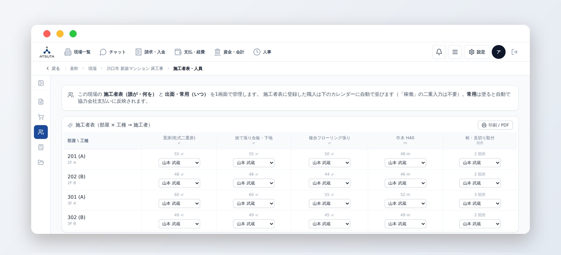 部屋と工種ごとに担当の職人を割り当てる管理画面（施工者表）