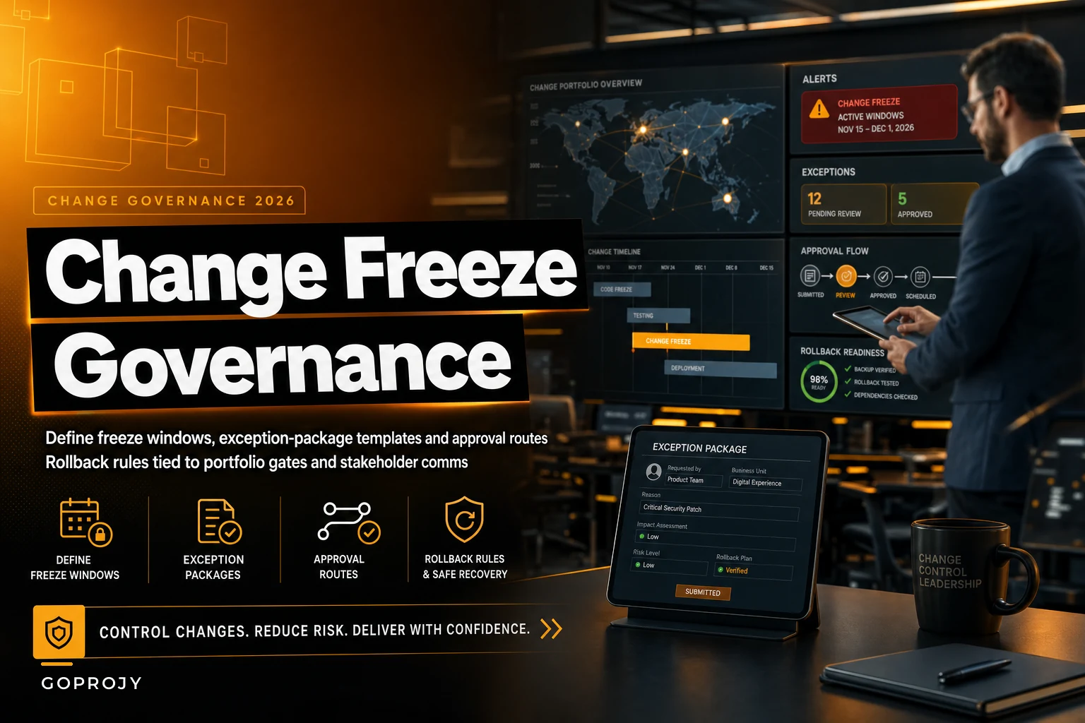 Prevent chaotic freezes: a change-freeze policy, exception package and rollback rules tied to portfolio gates