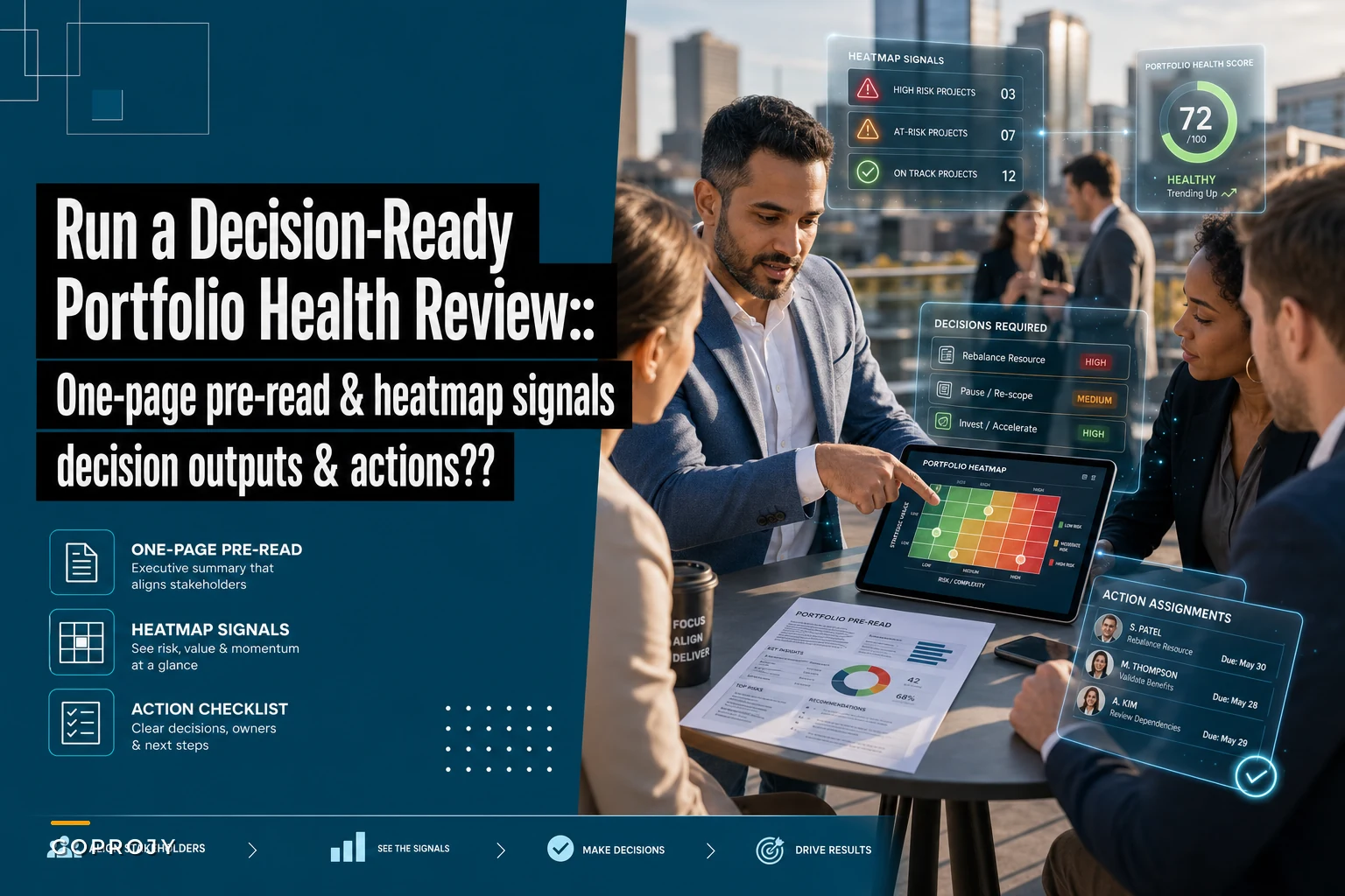 Run a decision-ready portfolio health review: one-page pre-read, heatmap signals and decision outputs