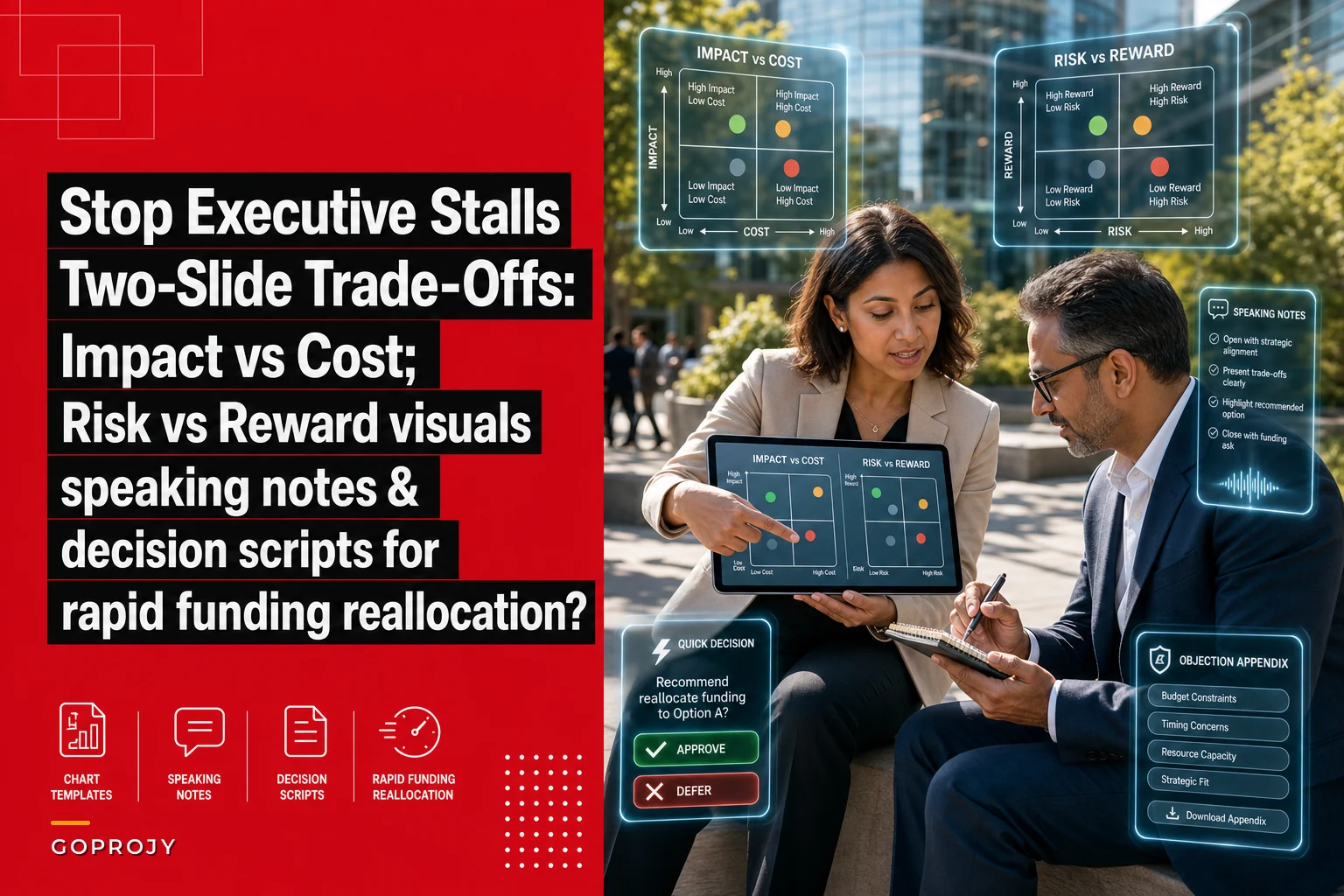 Stop executive stalls: two-slide trade-off visuals, speaking notes and decision scripts for fast funding reallocation