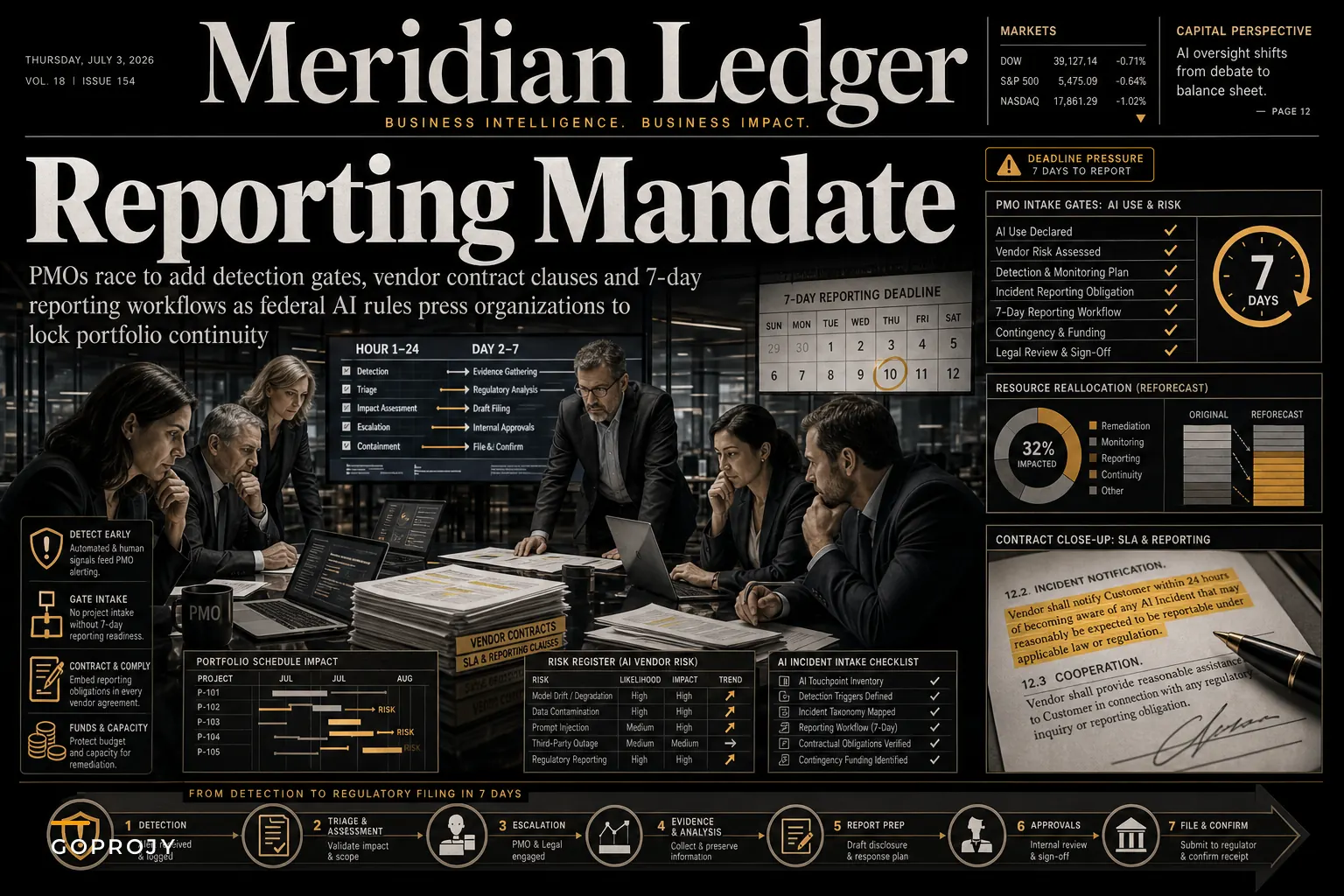 When AI incidents become reportable: practical PMO controls for vendor risk, reporting gates and portfolio continuity