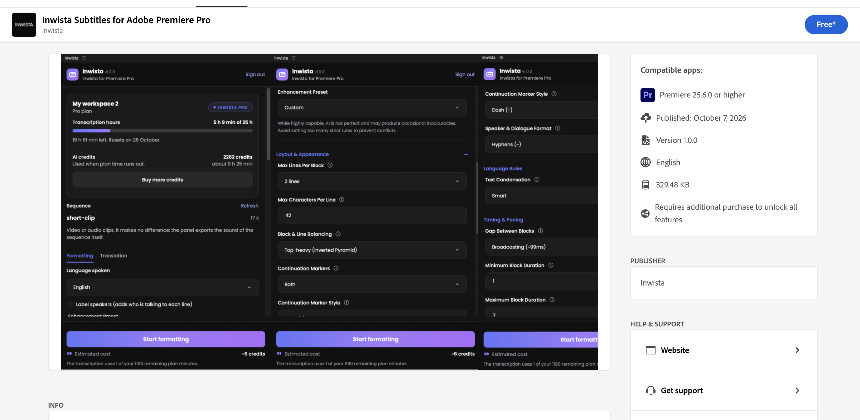 Inwista Subtitles for Adobe Premiere Pro listing on Adobe Exchange, with the Free button