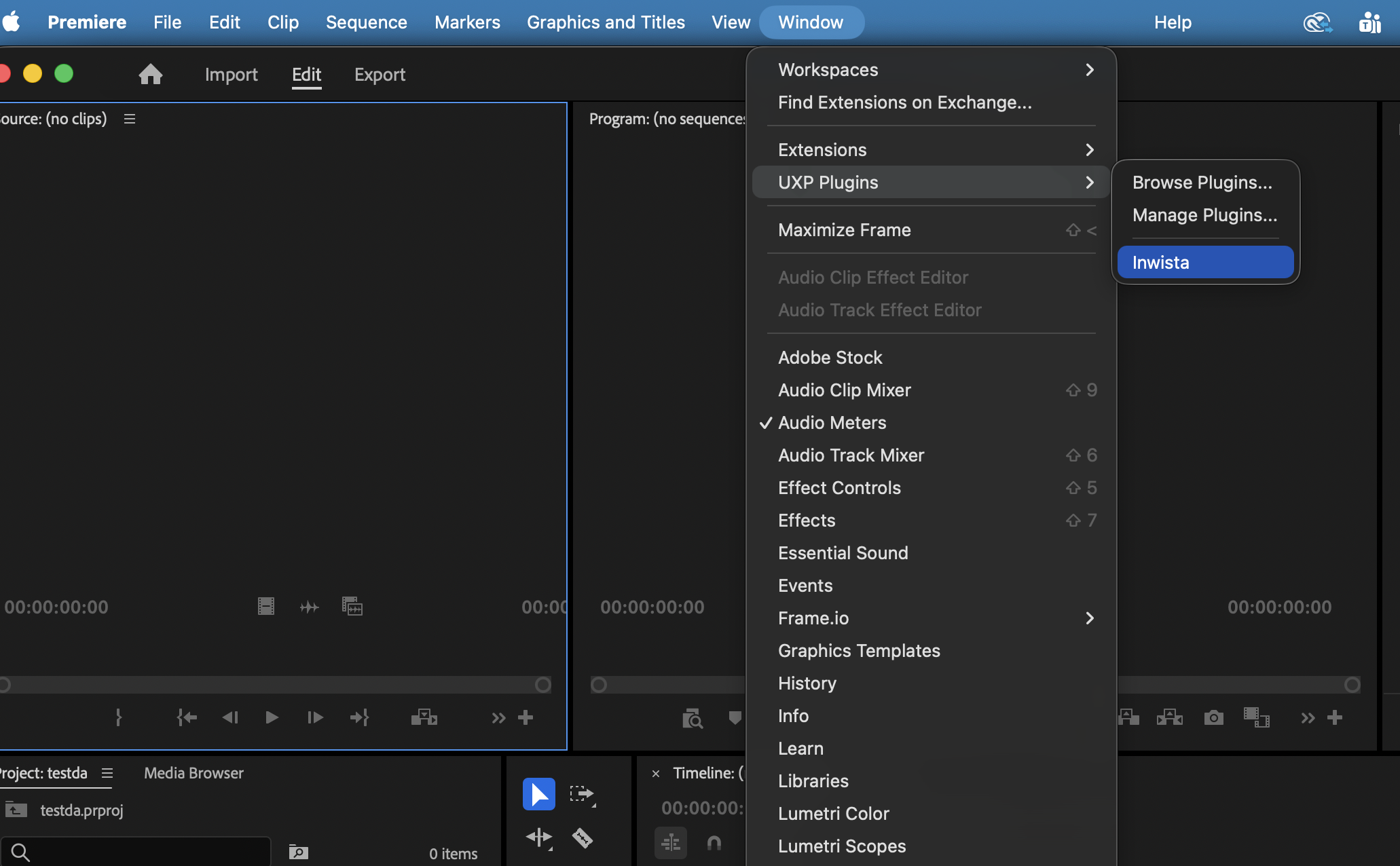 Premiere Pro Window menu open at UXP Plugins, with Inwista selected
