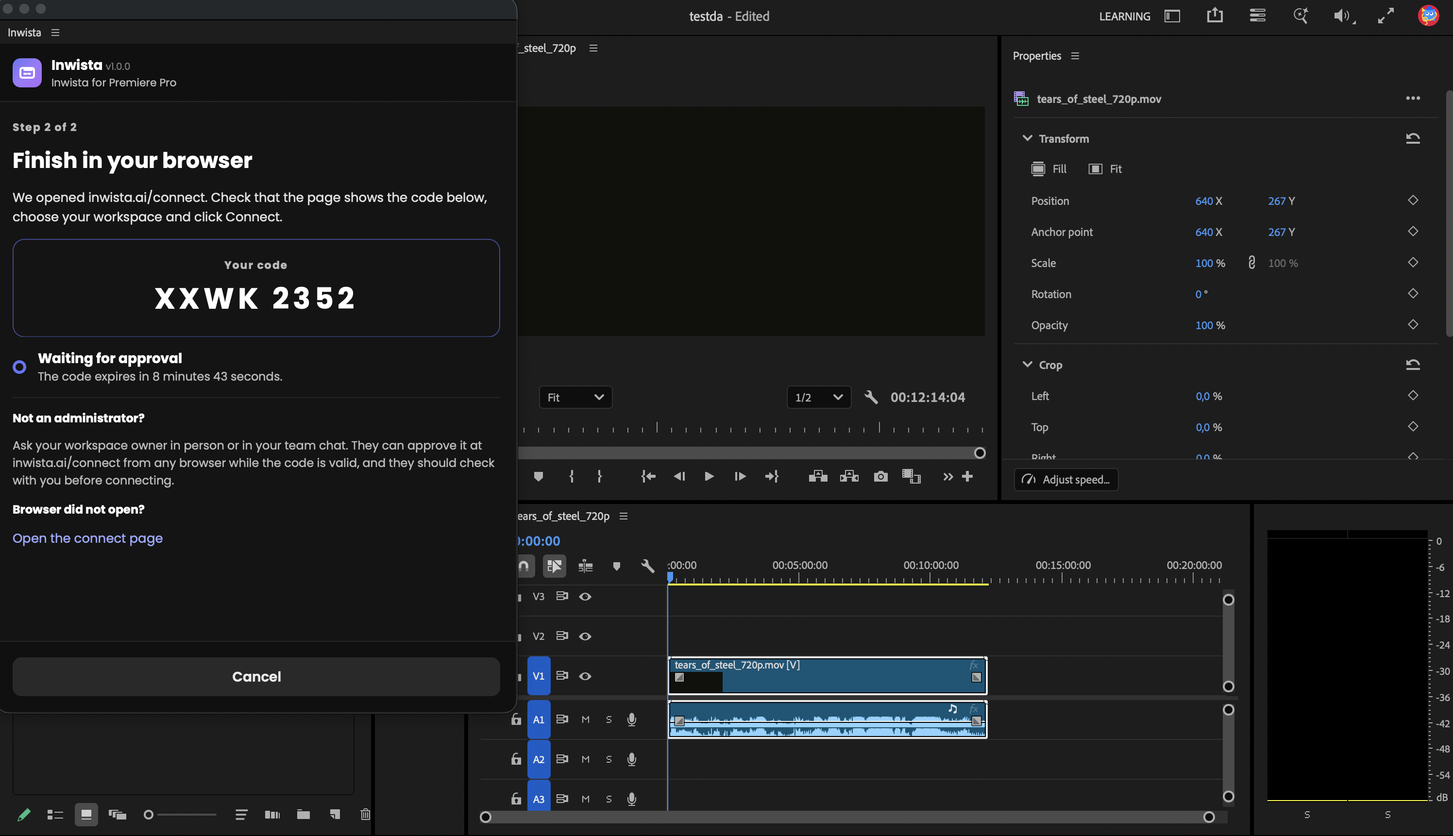 Inwista panel in Premiere Pro showing the sign in code while it waits for approval