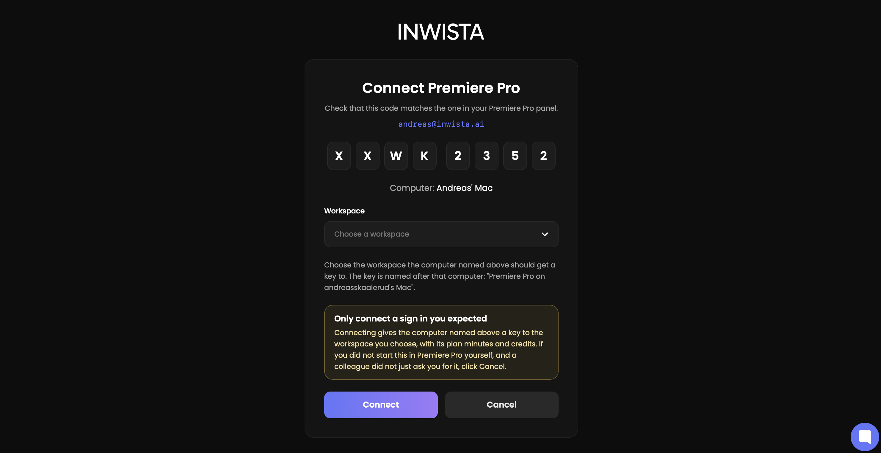 The inwista.ai connect page showing the matching code, the workspace picker and the Connect button