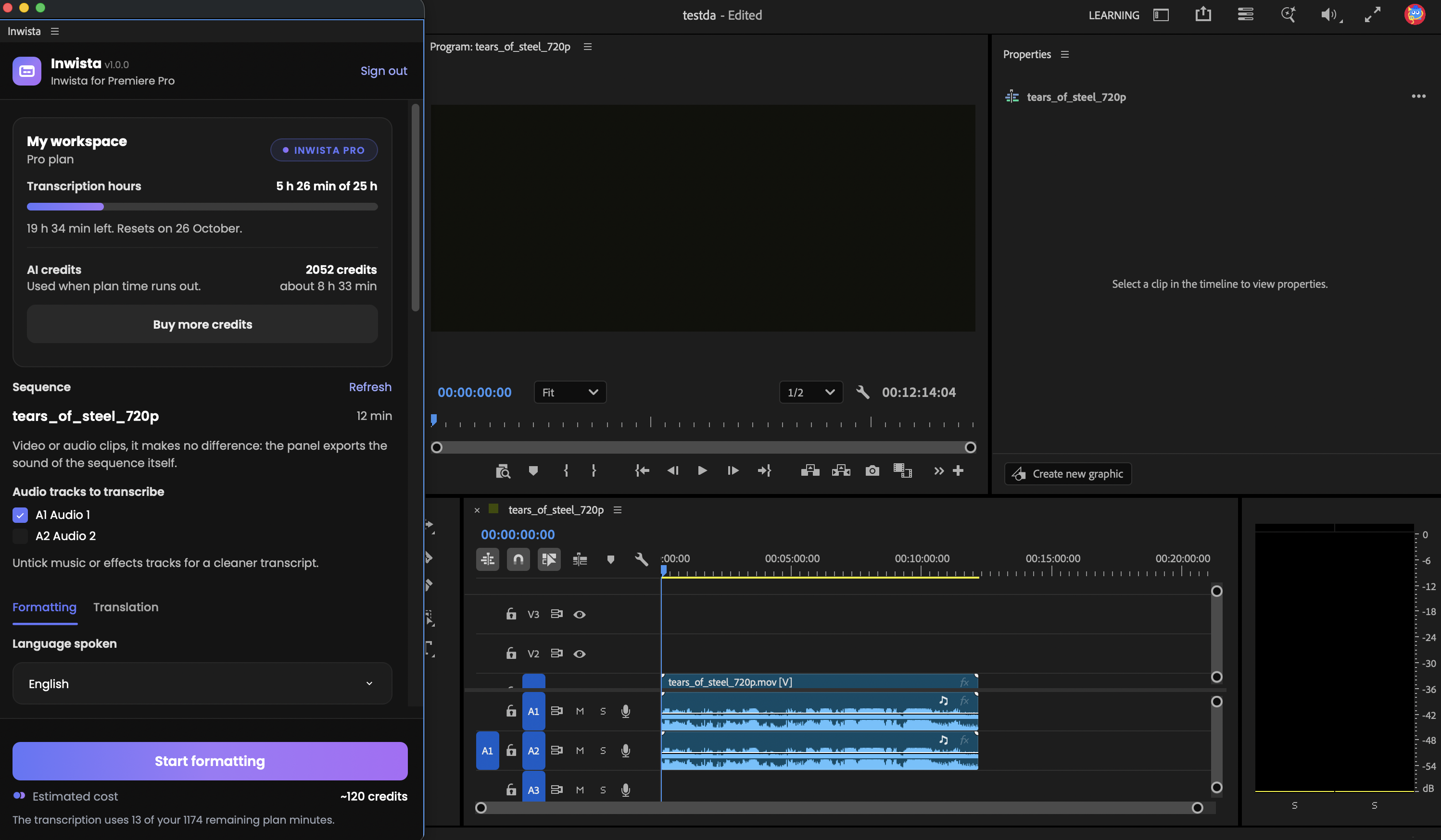 Inwista panel showing the active sequence and its audio tracks, with Audio 2 unticked