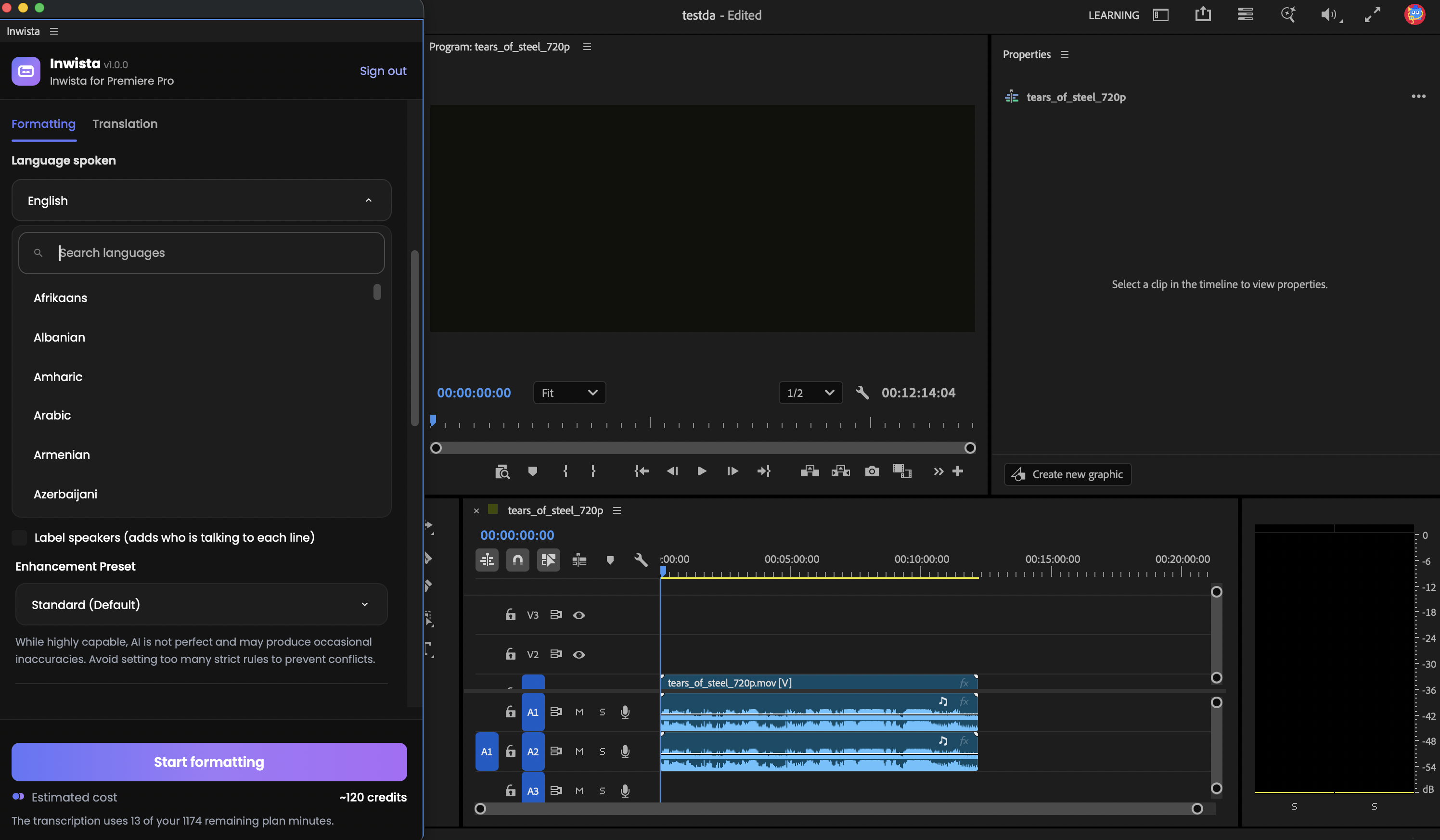 Inwista panel with the Language spoken list open