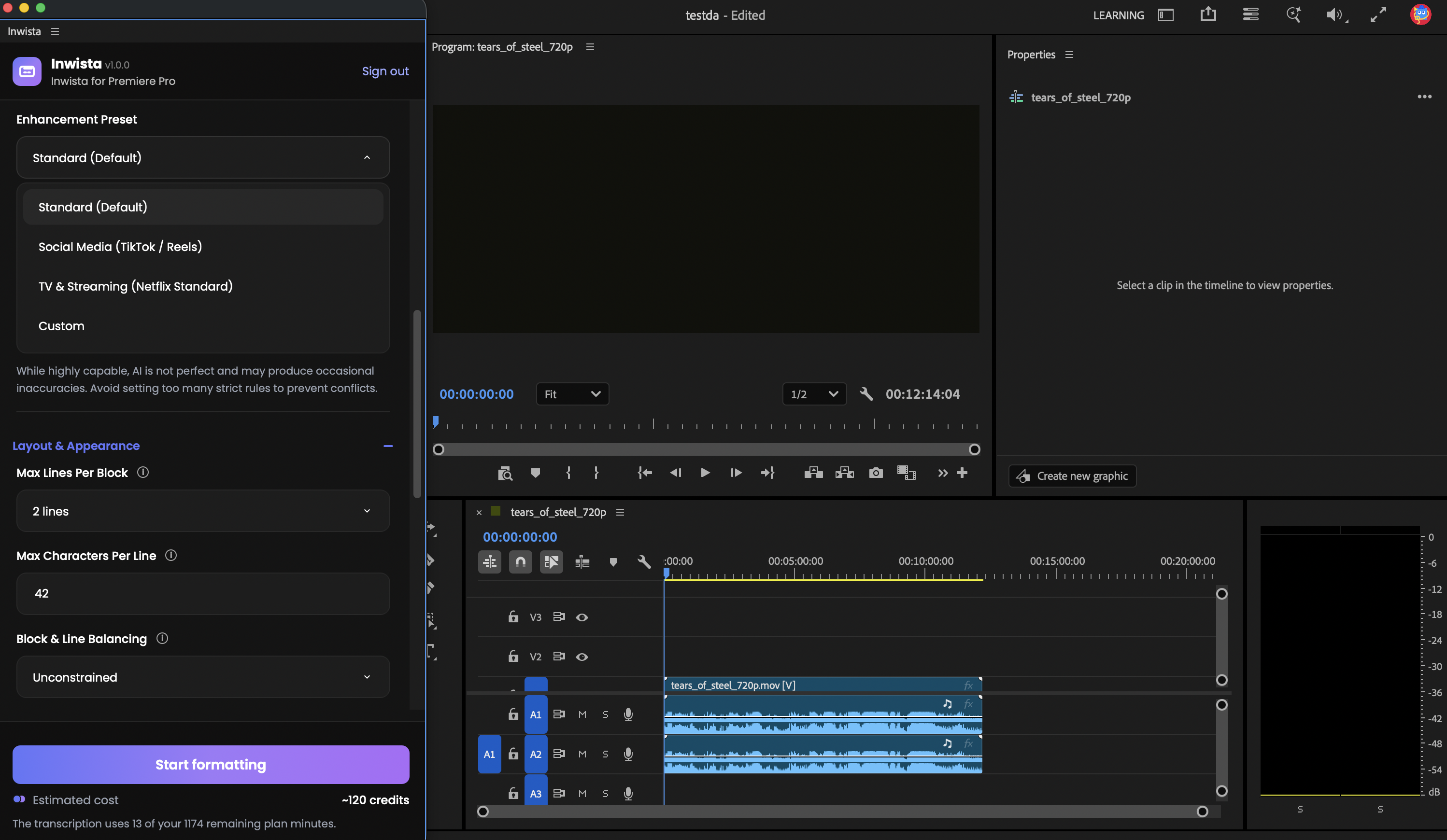 Inwista Formatting tab with the Enhancement Preset list open