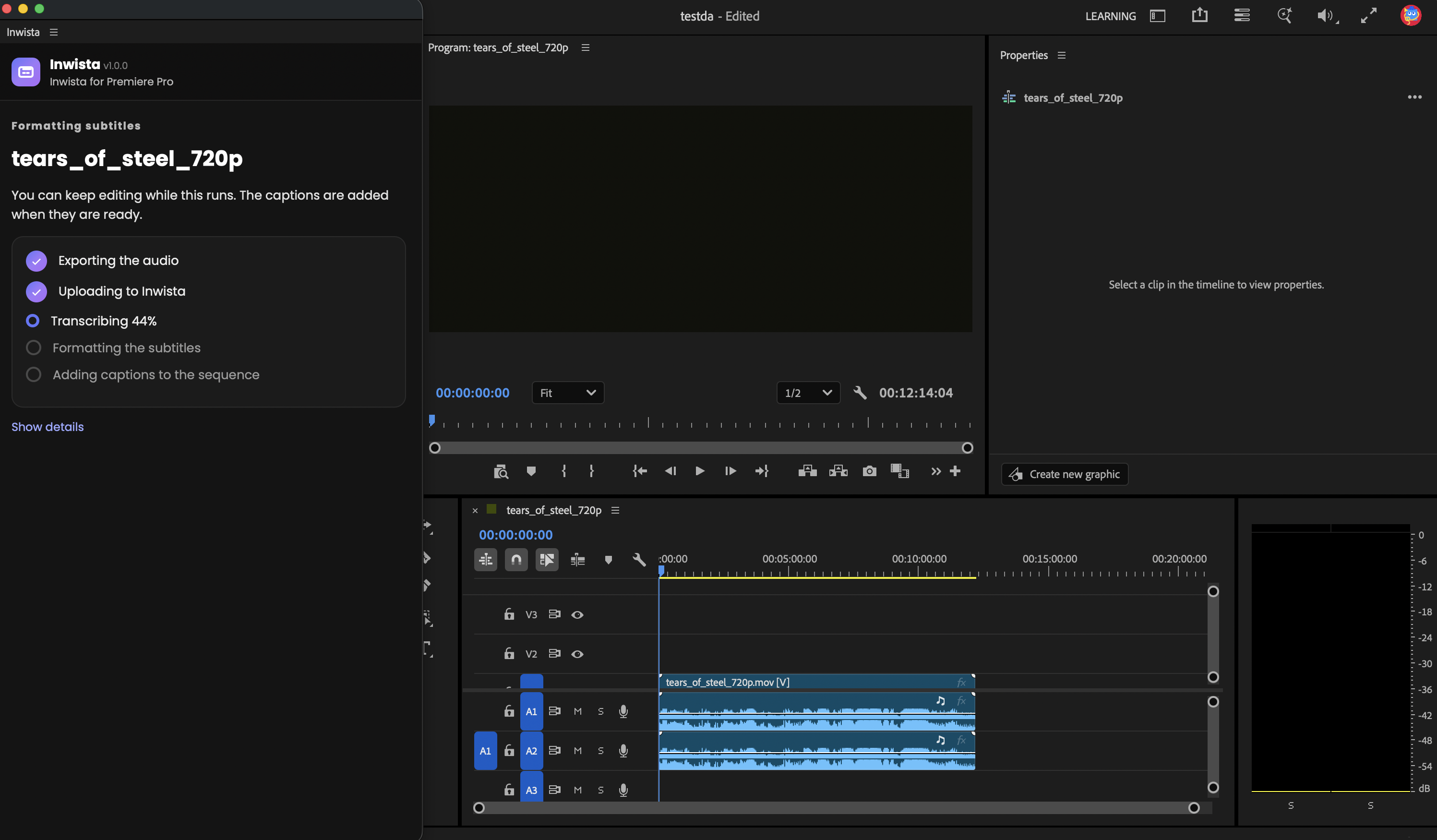 Inwista panel showing a running job: audio exported, uploaded and being transcribed