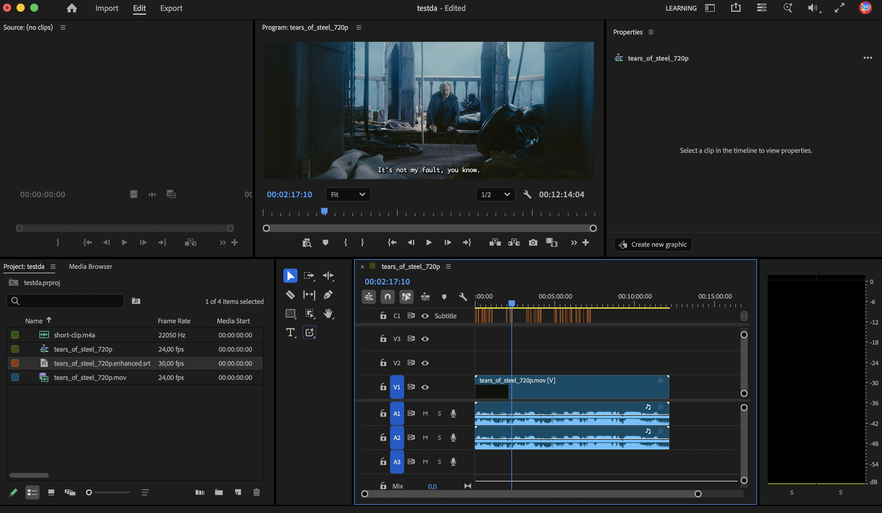 Premiere Pro timeline with the new subtitle track, a subtitle on screen and the enhanced SRT file in the Project panel