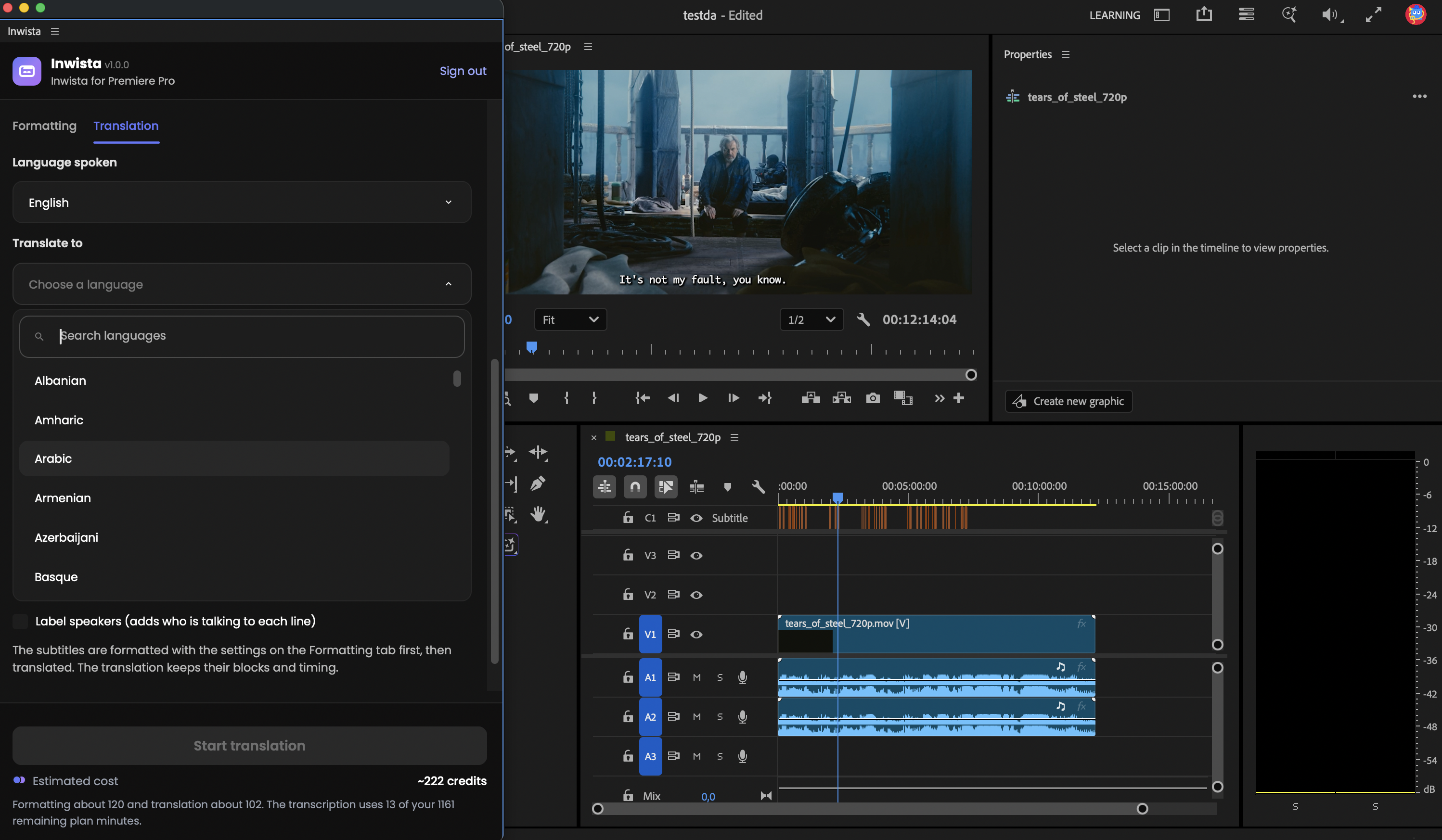 Inwista Translation tab with the Translate to language list open