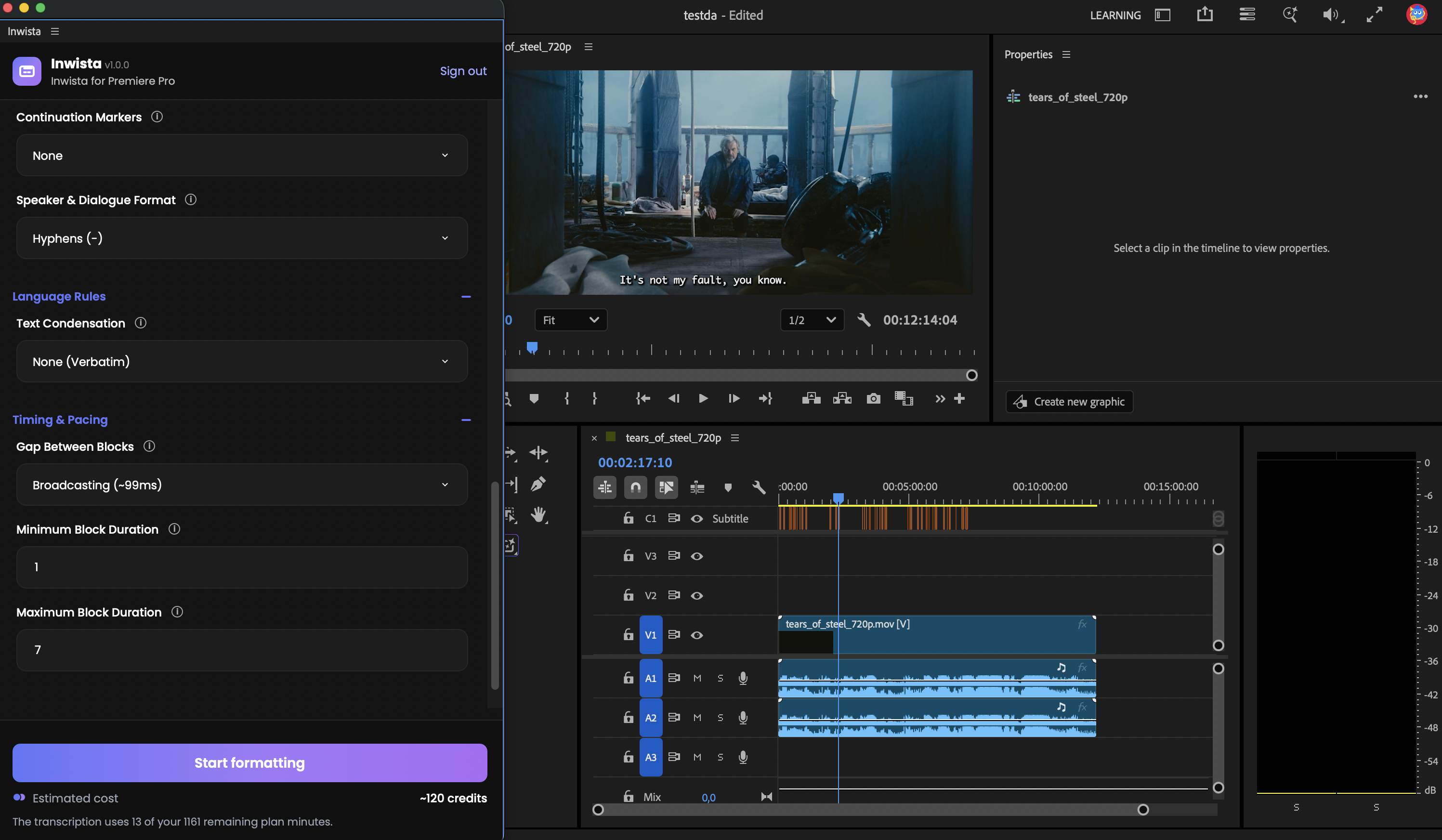 Inwista panel showing the formatting settings and the estimated cost below the Start formatting button