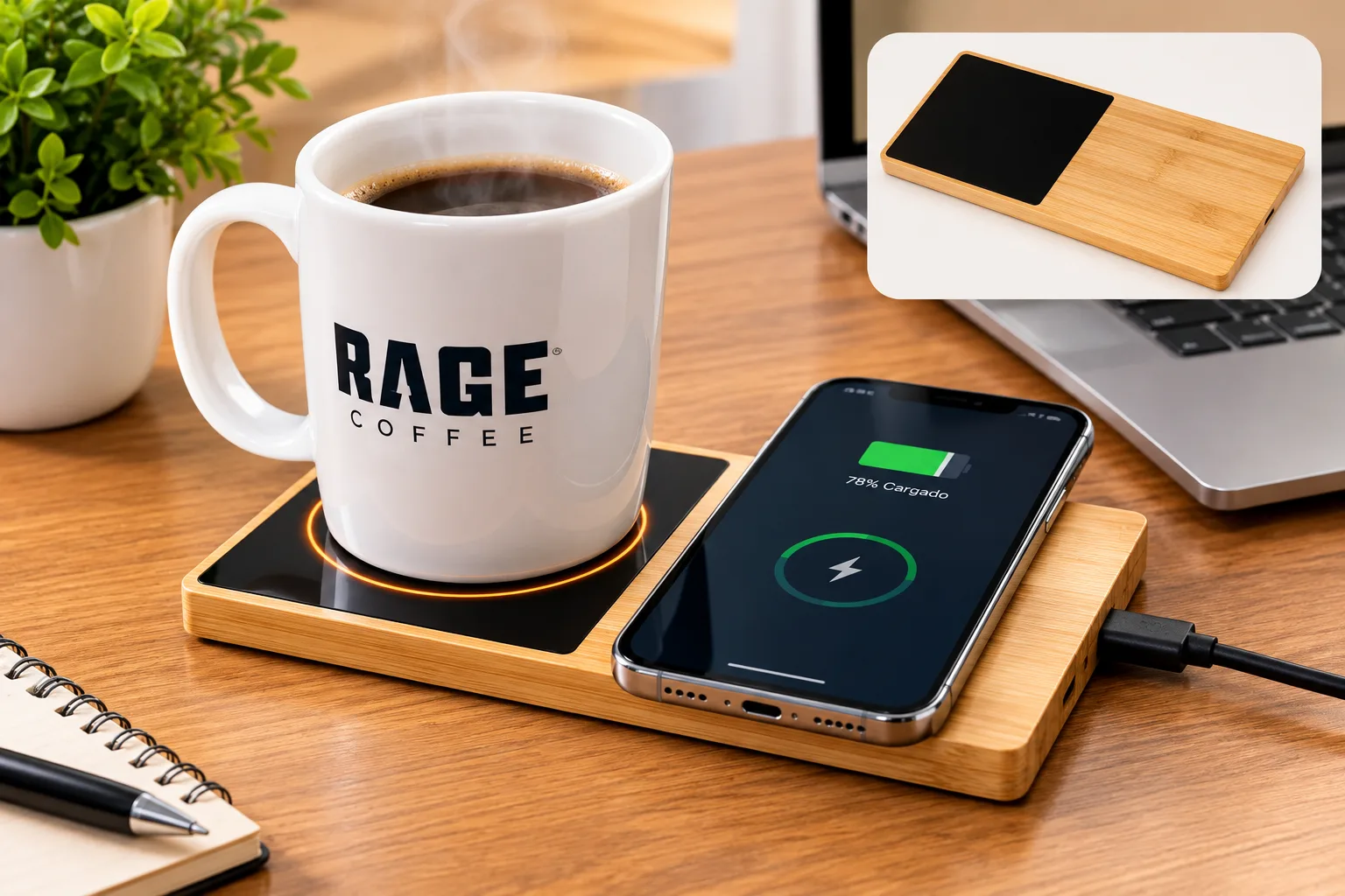 BASE DE BAMBU CARGA PARA CELULAR Y CALENTADOR DE TAZA