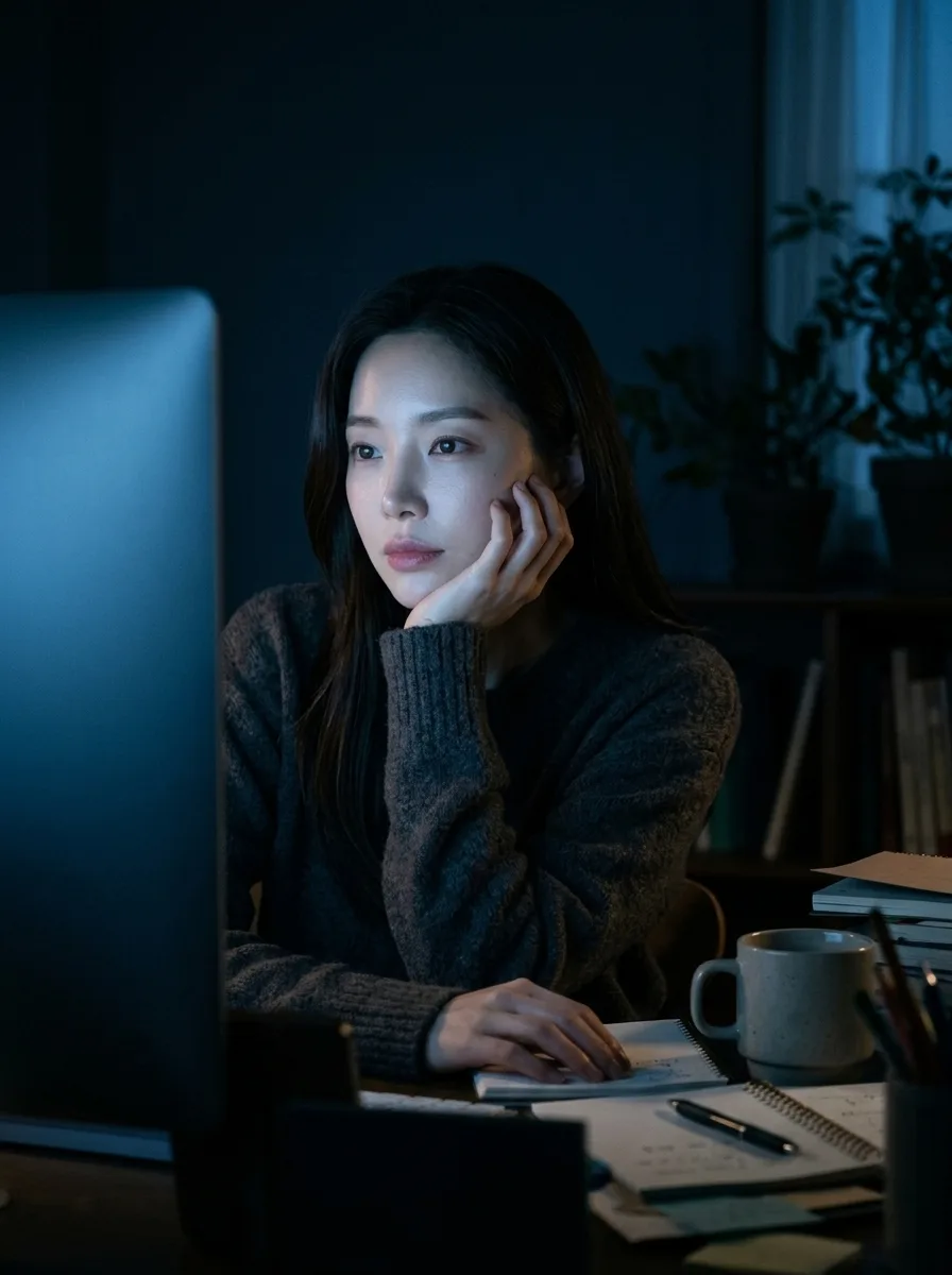 새벽 모니터 불빛 무드샷 결과 예시
