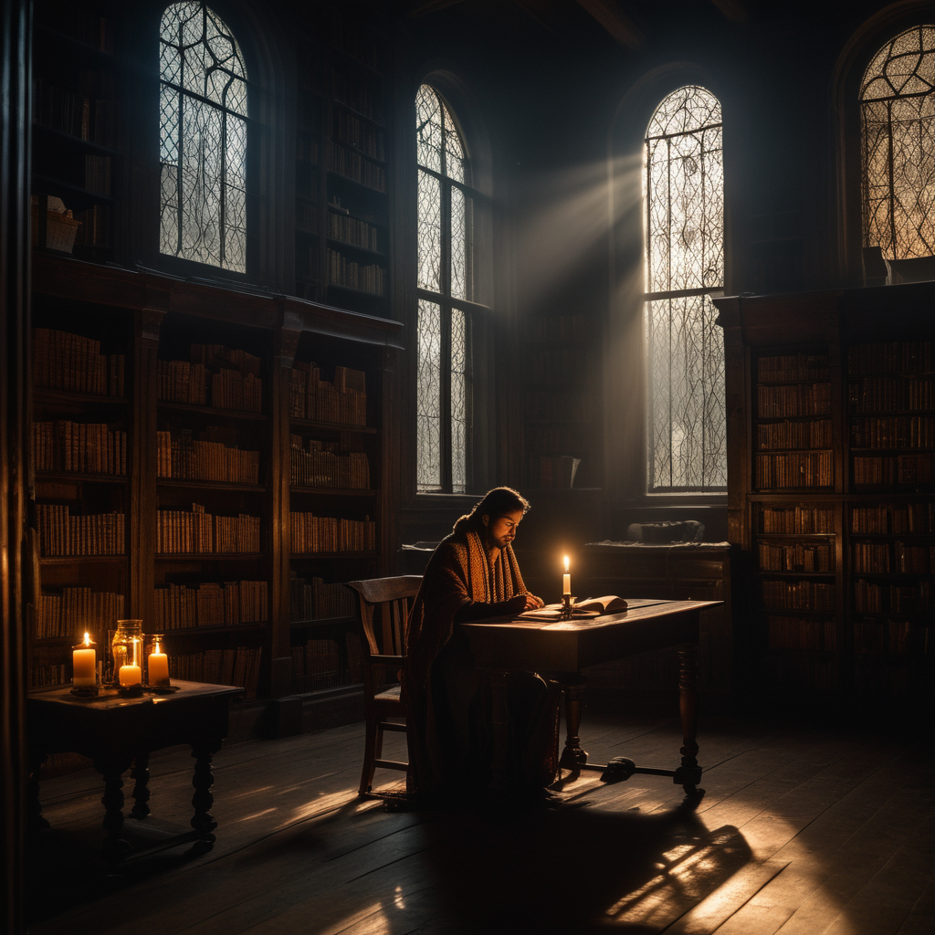 Wide-angle shot, interior of a dark, rustic library, heavy shadows, dramatic god rays cutt