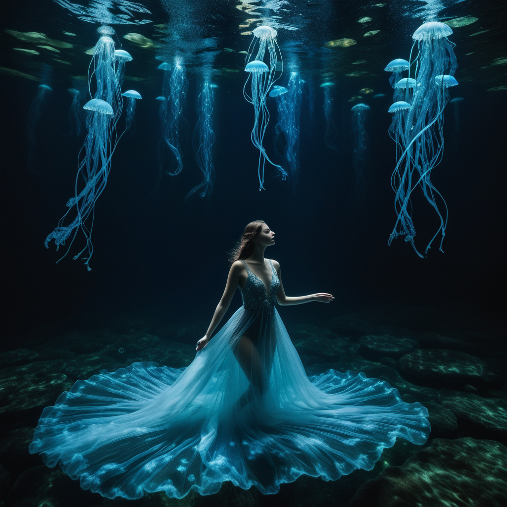 Hyperrealistic full-body photo, a person in a sheer gown floating in dark water, surrounde
