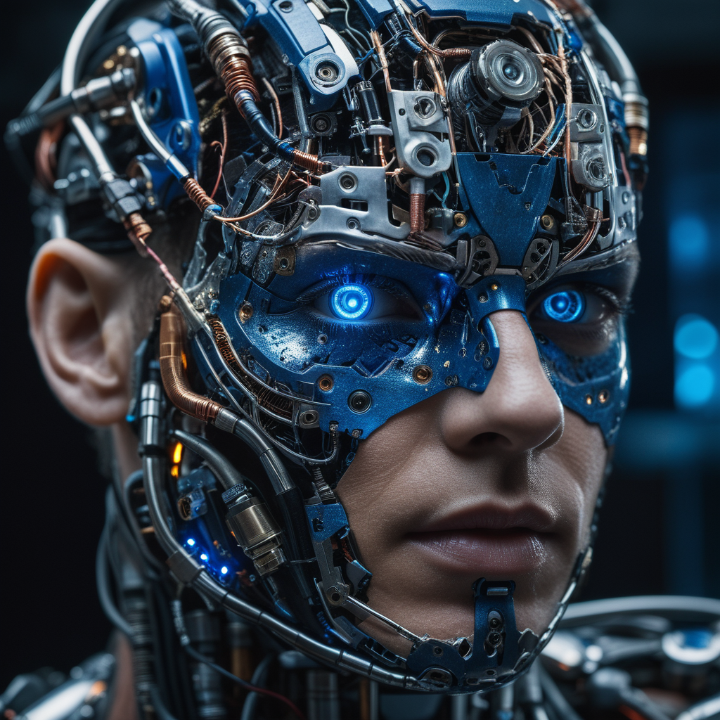 Close-up, the face of a cyborg showing mechanical parts hidden under ripped skin, complex 