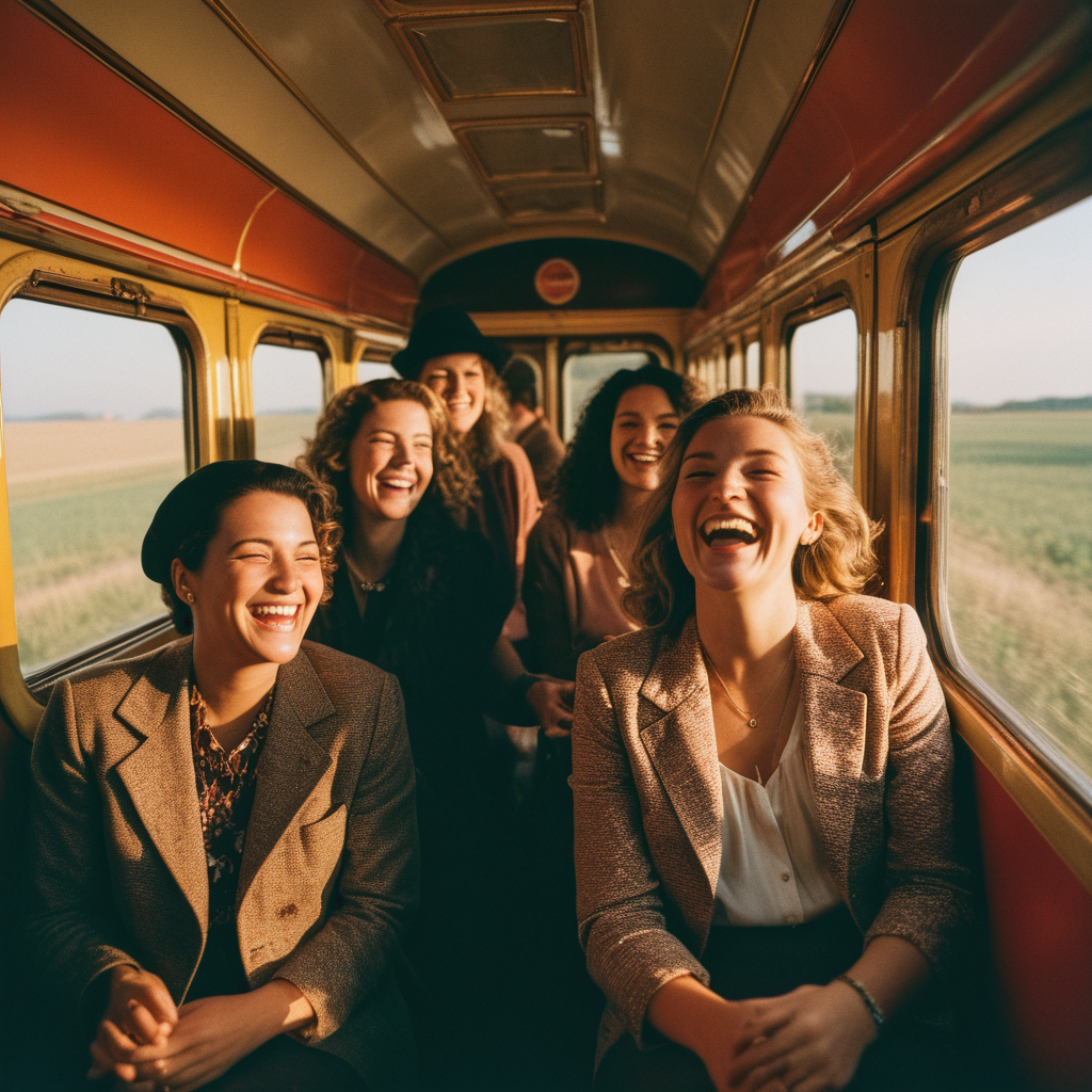 Candid shot, a group of friends laughing on a vintage train ride in Italy, warm sunset lig