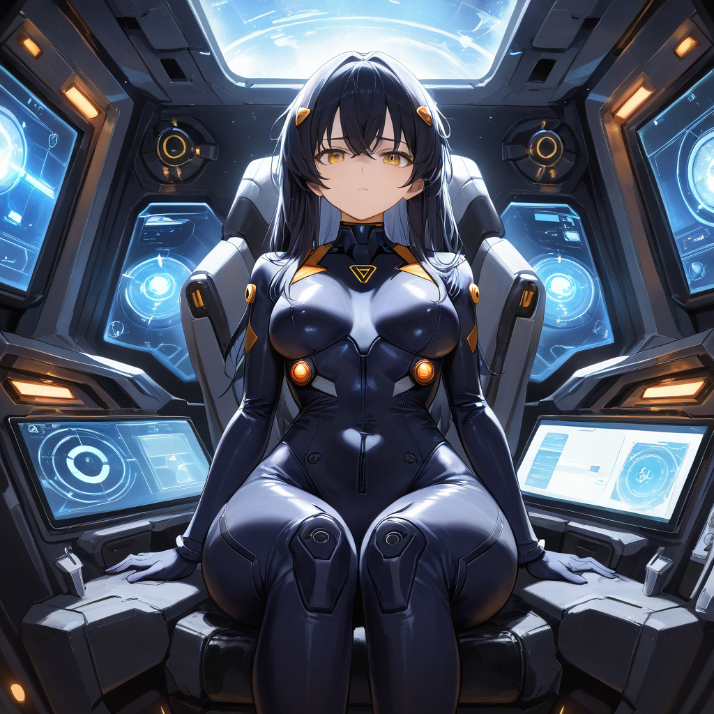 1girl, solo, mecha pilot plugsuit, sitting in a cramped cockpit, futuristic holographic di