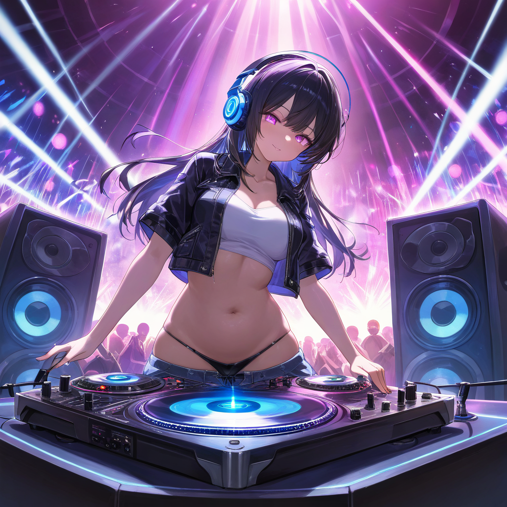 1girl, solo, dj, playing music, turntables, giant speakers, club lighting, laser lights, e