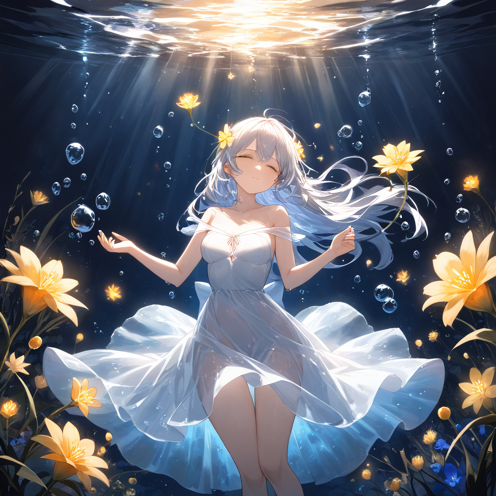 1girl, solo, high fantasy, floating in dark water, glowing bioluminescent flowers, sheer w