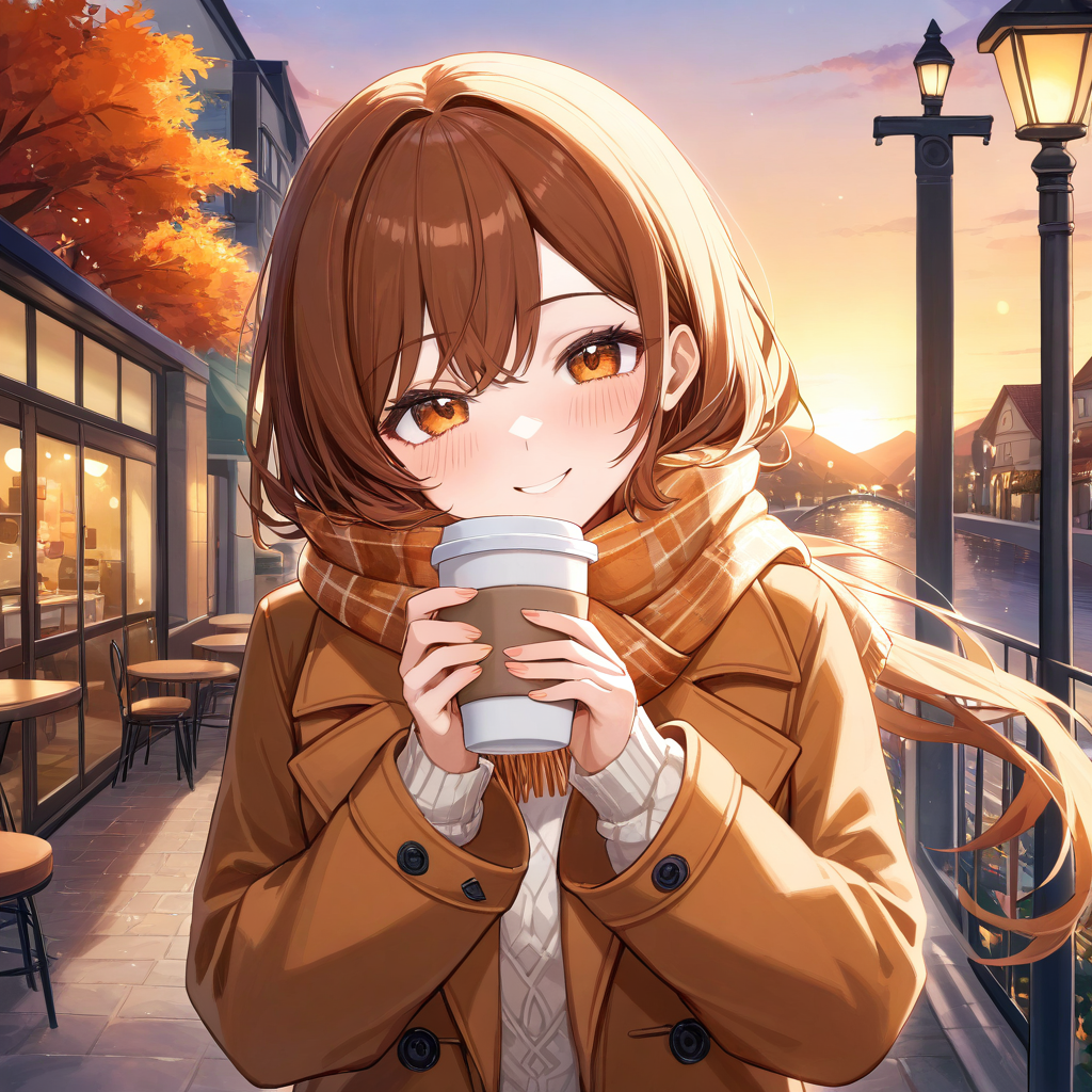 1girl, solo, looking at viewer, romantic date, sunset lighting, cozy cafe background, wear
