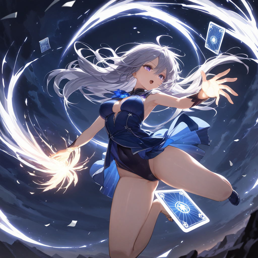 1girl, solo, mid-air jump, throwing glowing magic cards, dynamic angle, extreme foreshorte