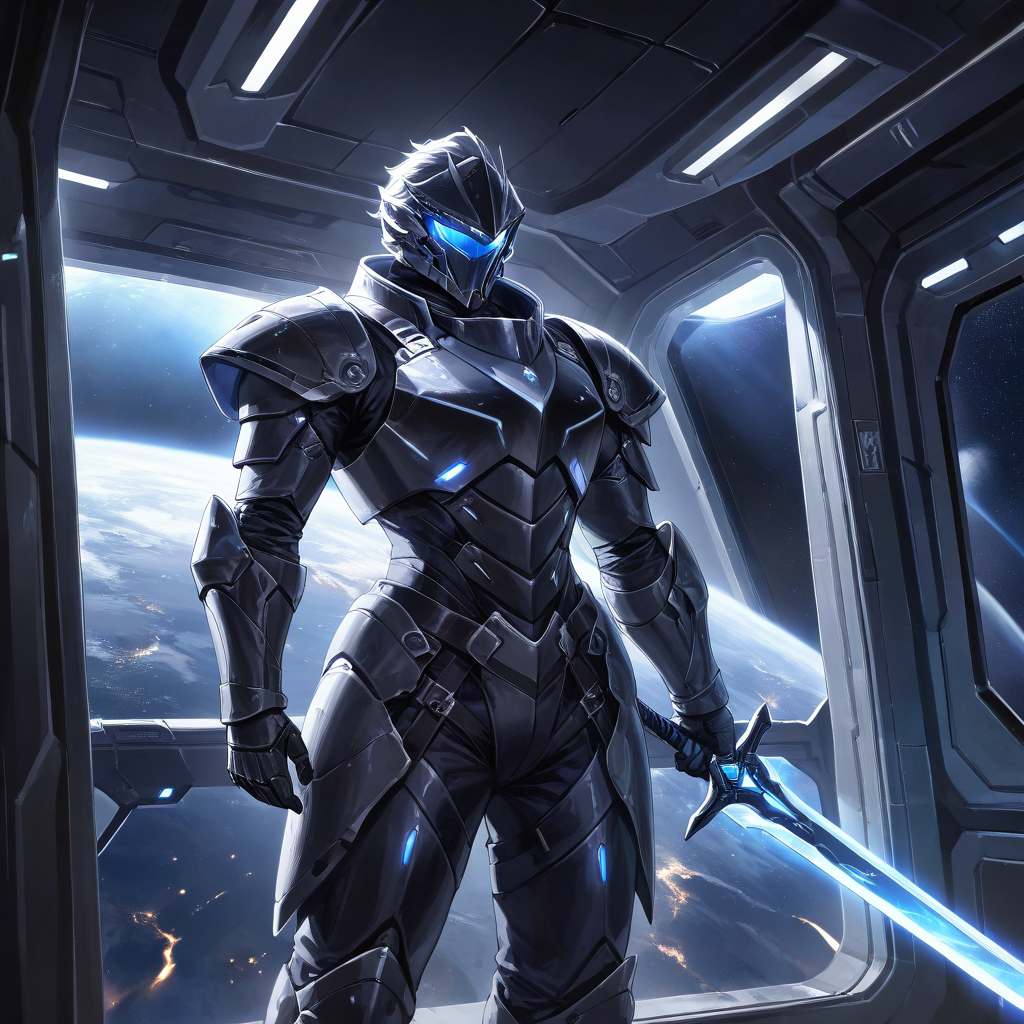 1girl, solo, sci-fi knight, glowing plasma sword, futuristic armor, dark cape, space stati