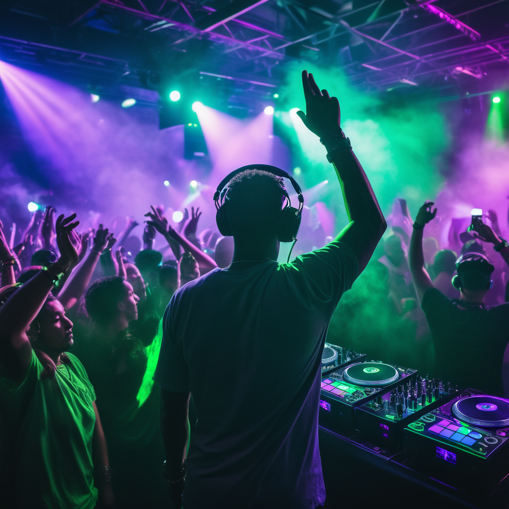 Action shot, low angle, DJ performing in a packed warehouse club, laser light show, smoke 