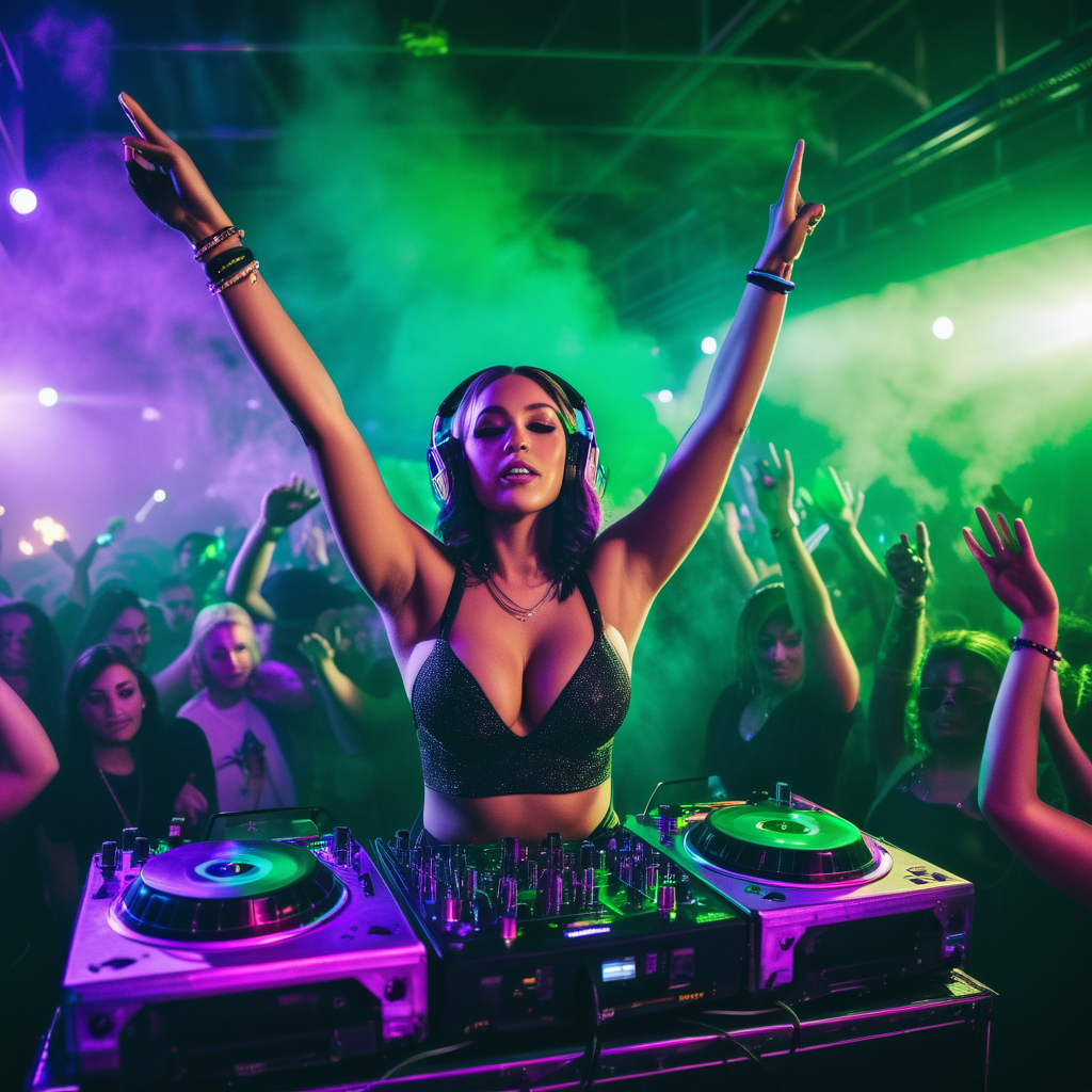 Action shot, low angle, a female DJ performing in a packed warehouse club, laser light sho