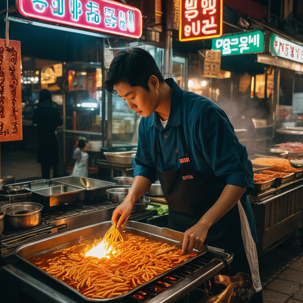 Close-up shot, a street vendor in Seoul preparing tteokbokki at night, glowing neon signs,