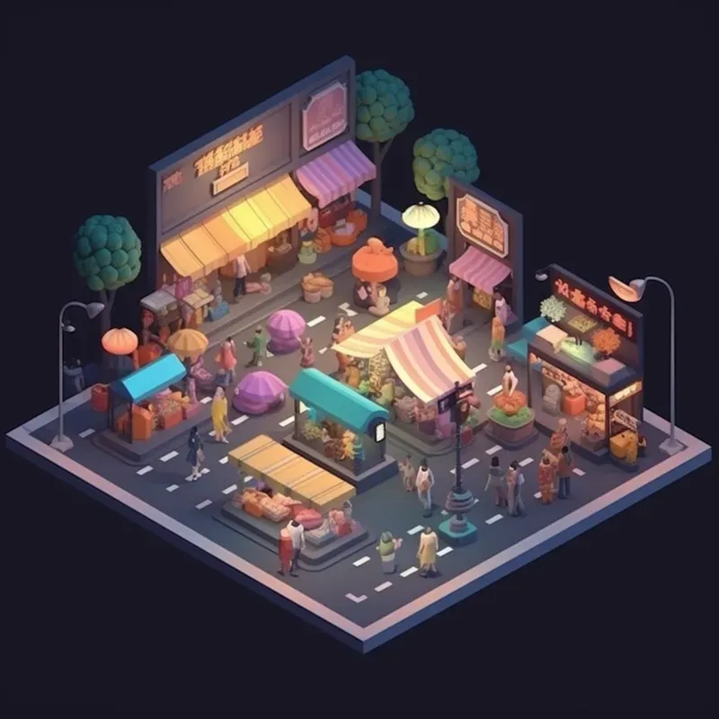 Isometric Views Bustling City Nights