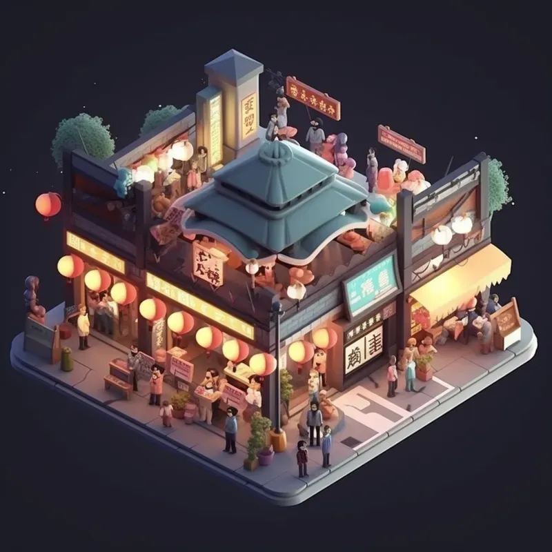 Isometric Views Bustling City Nights