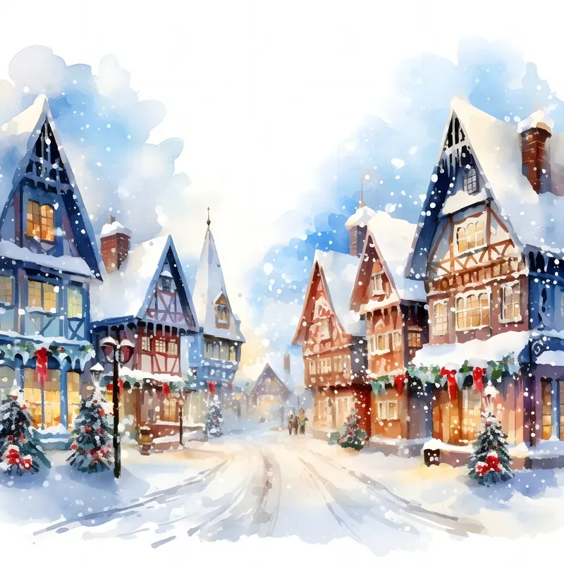 Christmas Village Watercolor Art