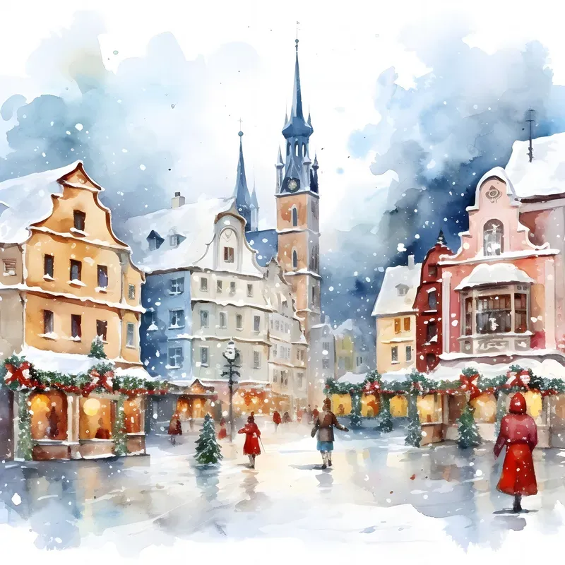 Christmas Village Watercolor Art
