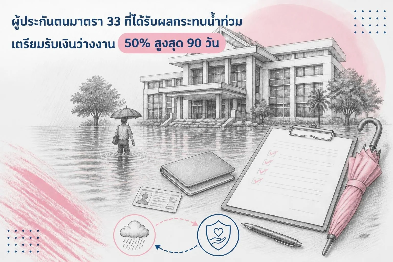 ผู้ประกันตน ม.33 เจอน้ำท่วมจนทำงานไม่ได้ รับเงินว่างงานเหตุสุดวิสัย 50% สูงสุด 90 วัน