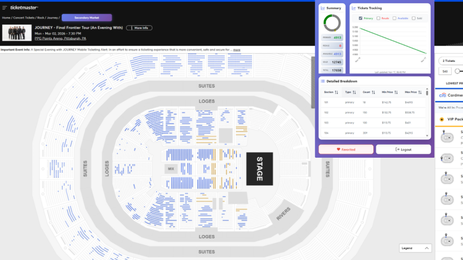Chrome extension screenshot showing ProTickets tools in the browser