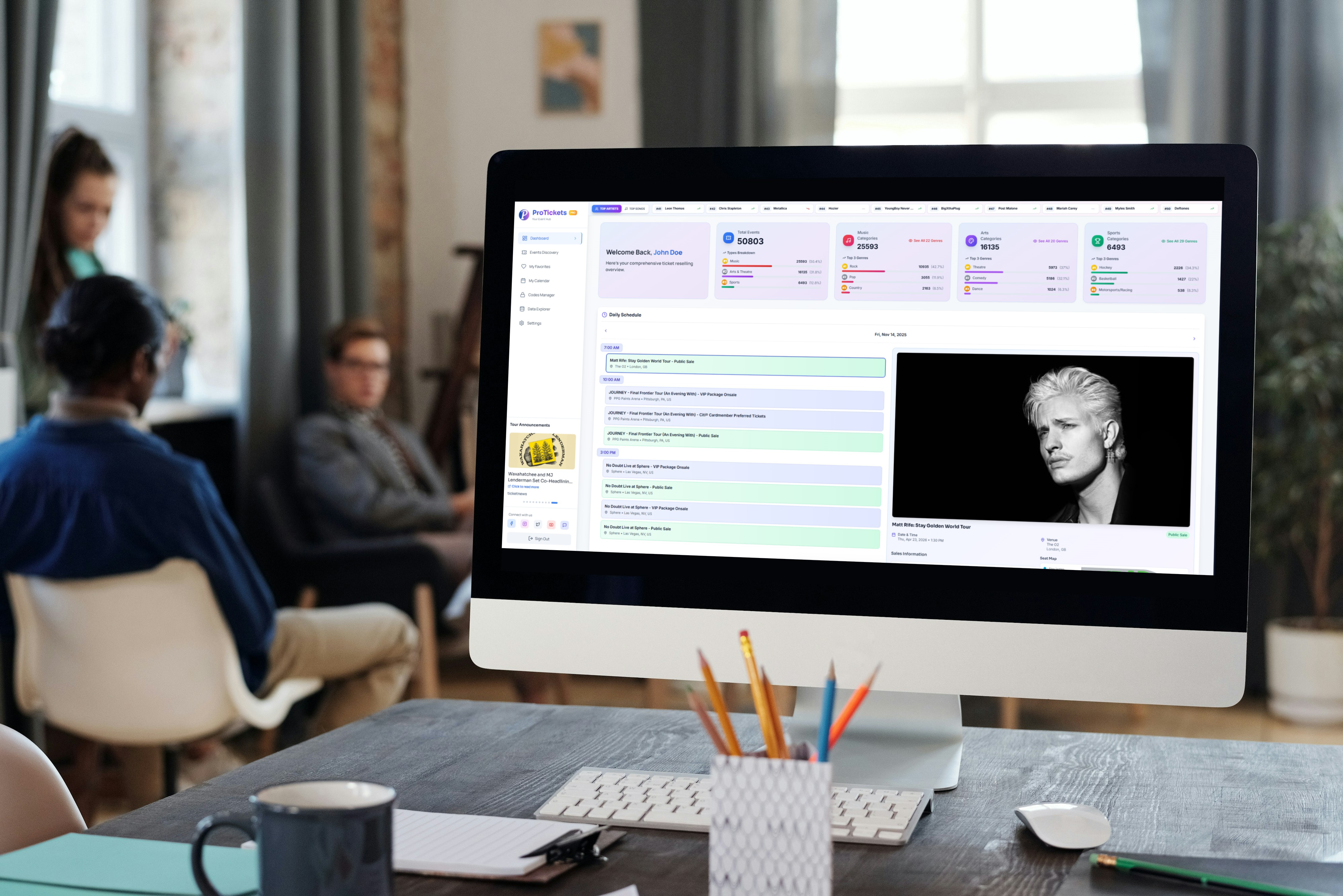 ProTickets dashboard workspace showing upcoming presales, events and performance