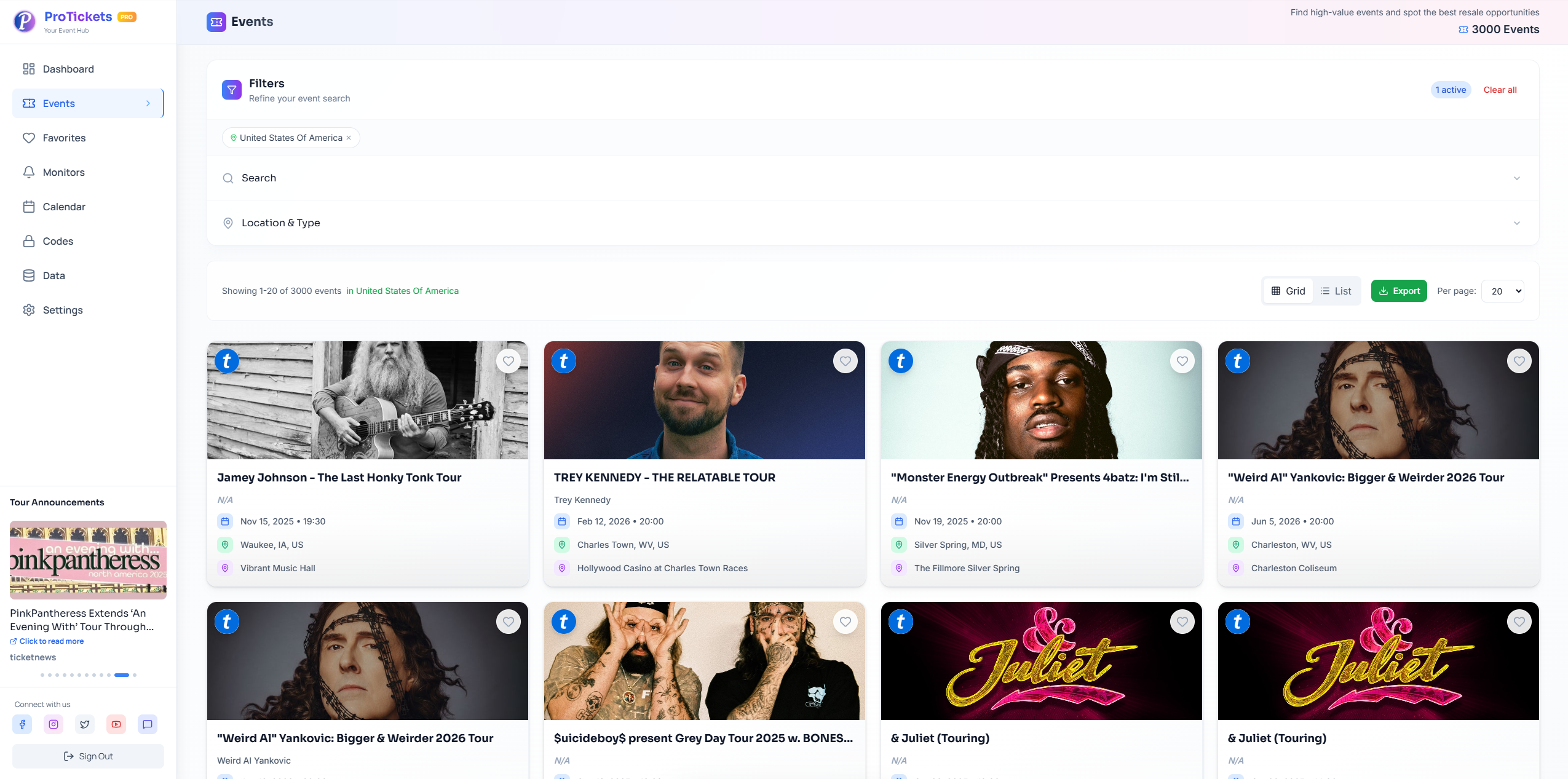 Events page showing data on more than 150,000 primary market events across the world