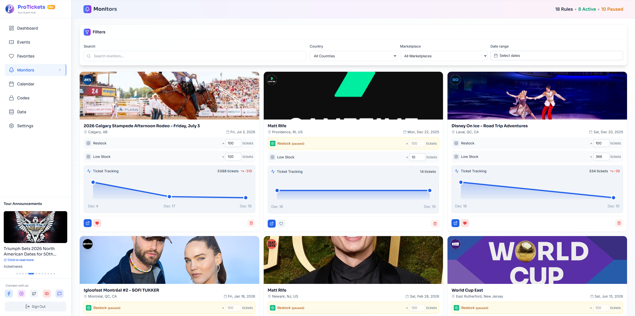 Monitors page showing real-time event monitoring with customizable alert rules