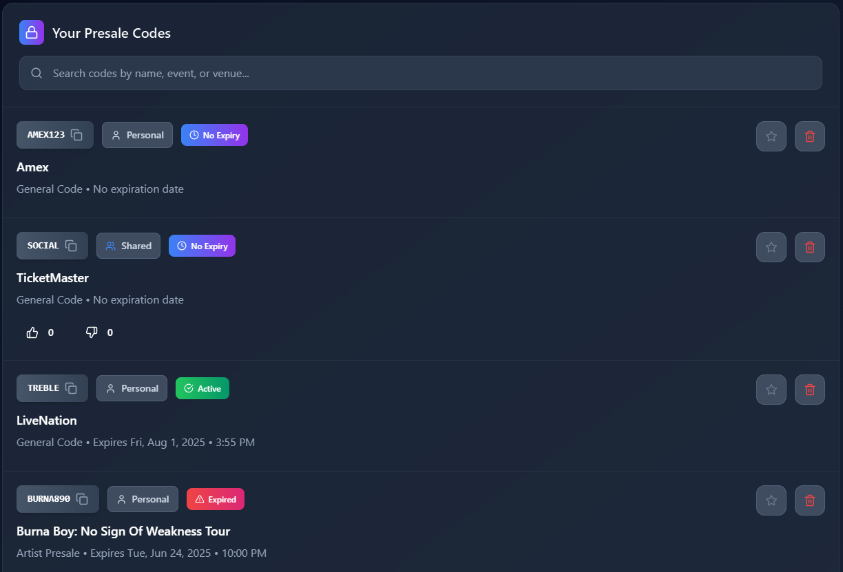 ProTickets presale code management interface