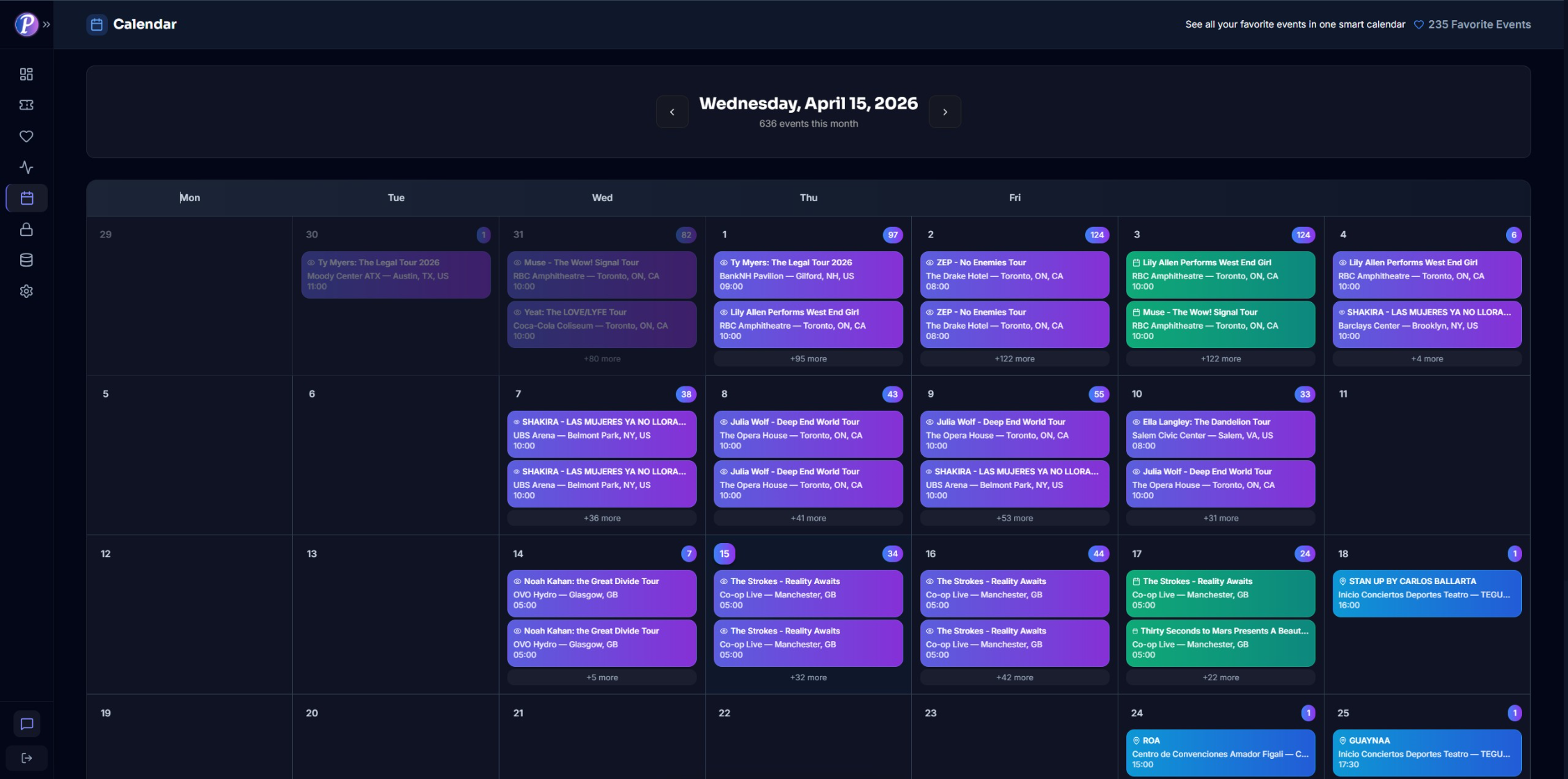 Calendar view with upcoming ticket dates for favorited events