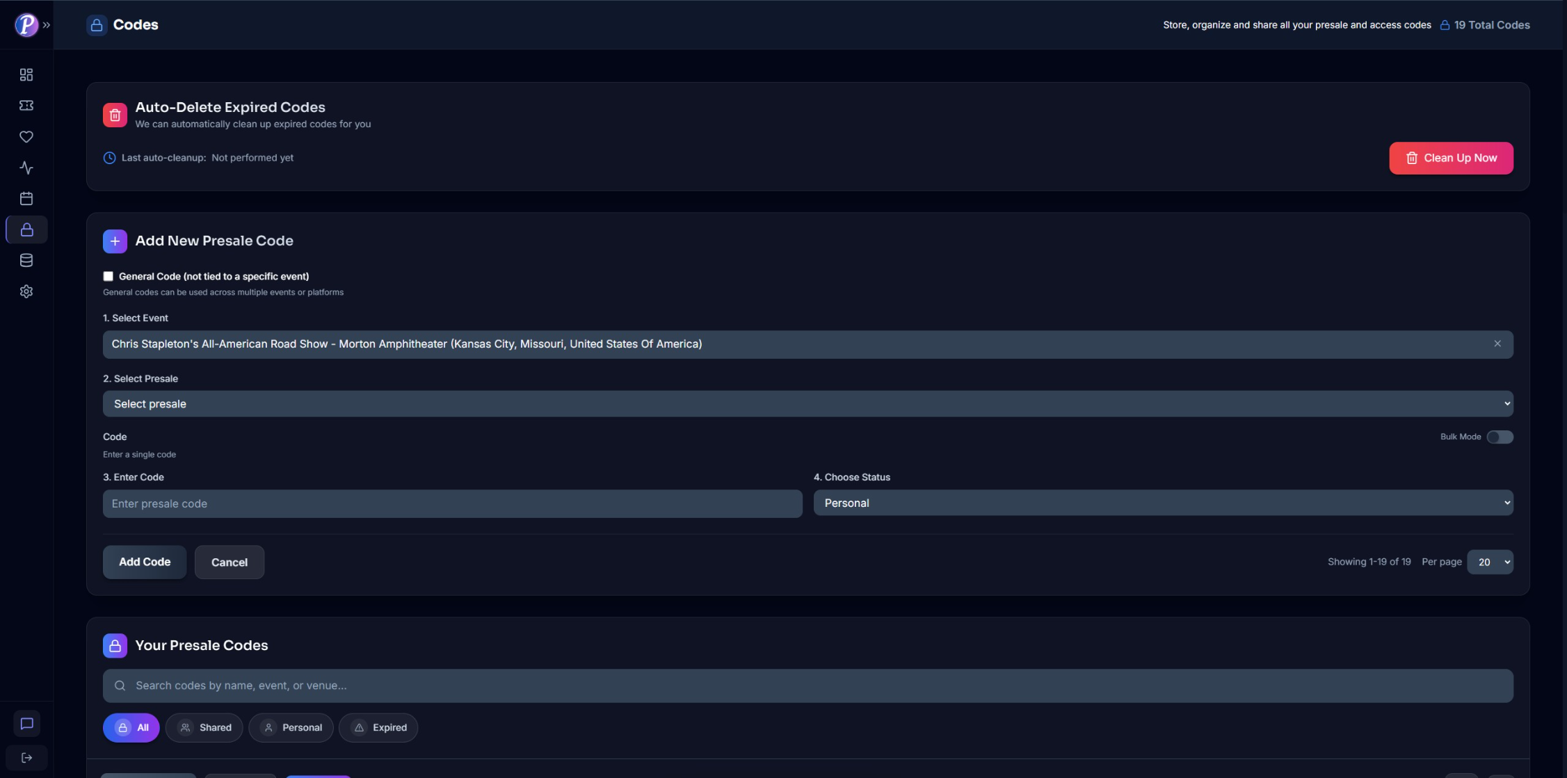 Code manager interface listing presale codes by event