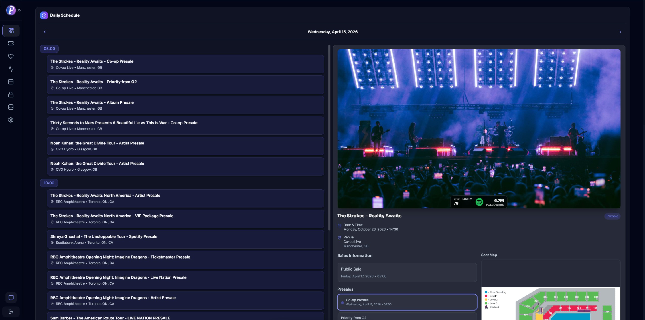ProTickets personalized dashboard with daily schedule and today's presales