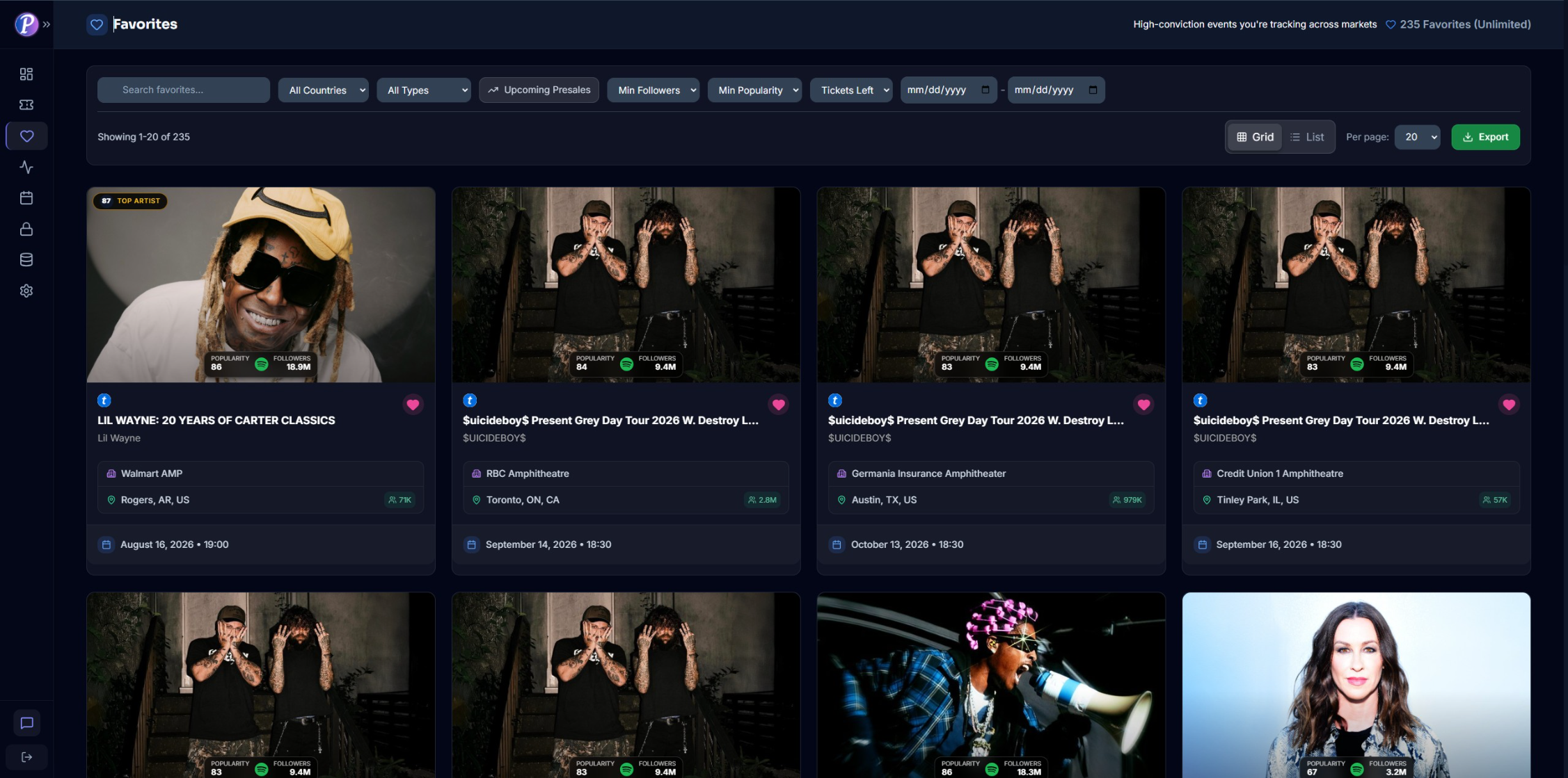 Favorites view showing watchlisted events in ProTickets