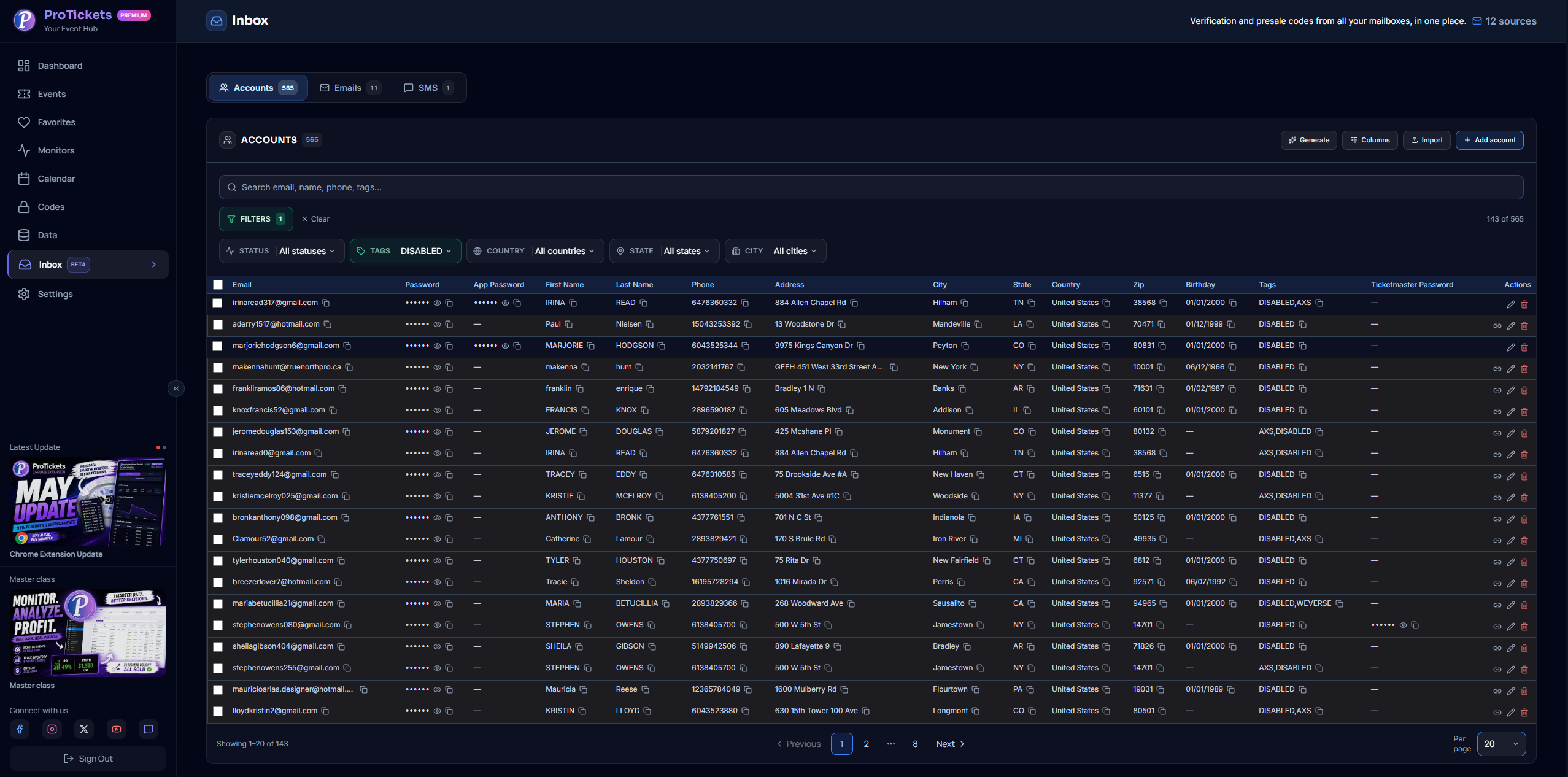 ProTickets Inbox: connected buyer accounts, emails and SMS numbers in one place