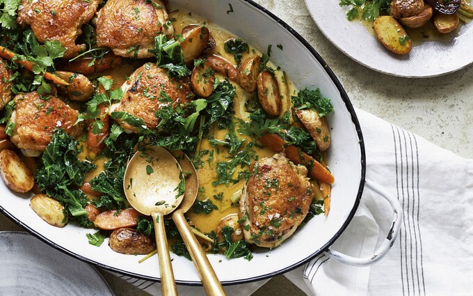 pot-roast-chicken-with-red-lentils-garlic-parsley-sage-rosemary-and-thyme-with-oven-baked-crispy-kale