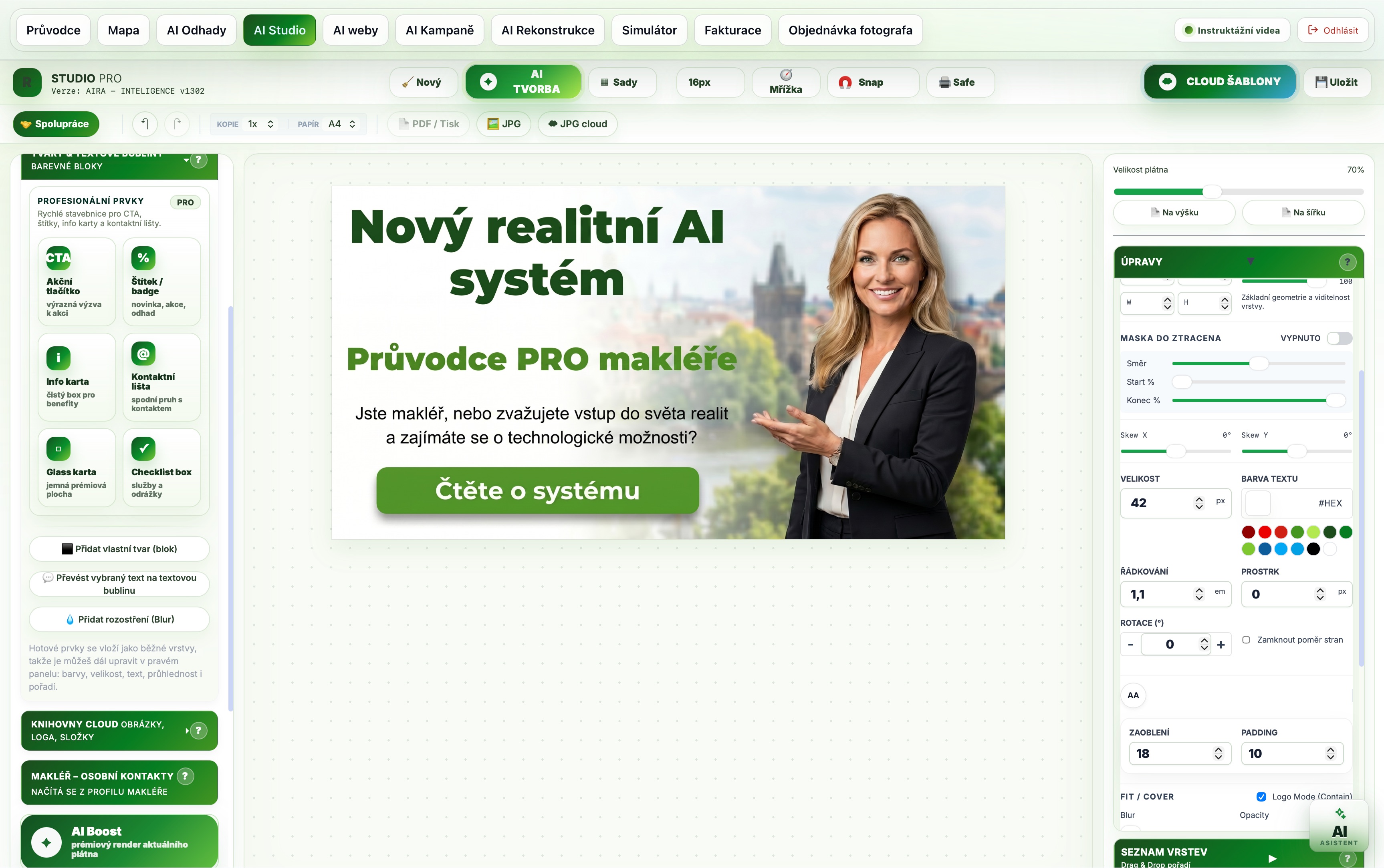 Reálný screenshot AI Studia s přípravou náborového vizuálu Nový realitní AI systém a Průvodce PRO makléře